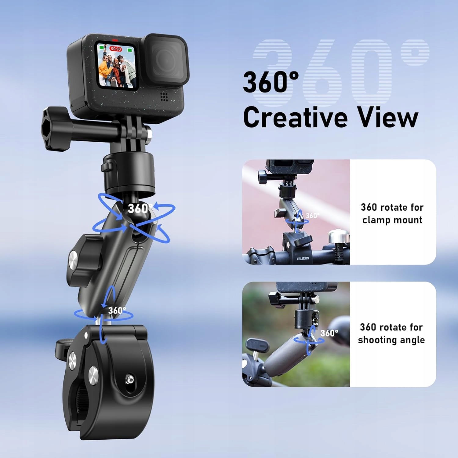 TELESIN Uchwyt Kierownicy Motocykl Rower GoPro Insta360 DJI 360 — miniatura 3