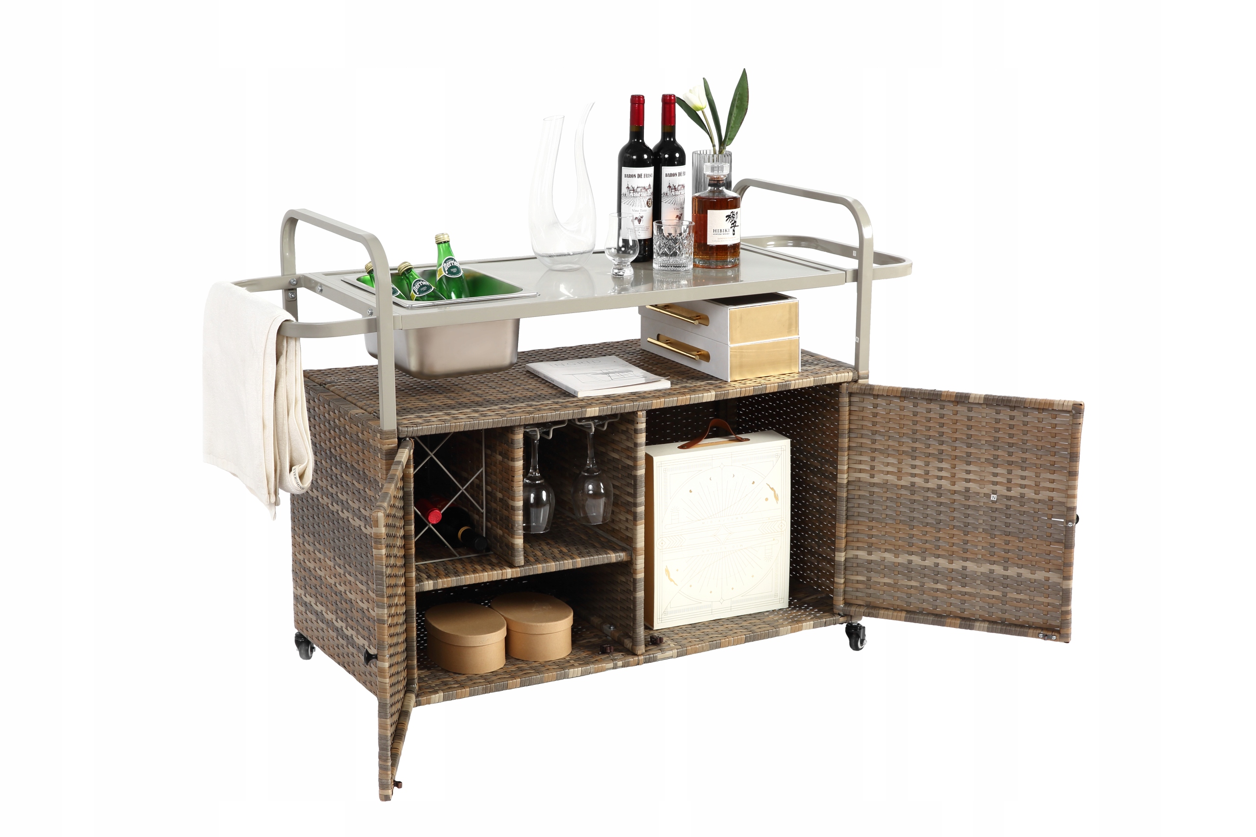 Venkovní barový stůl s kbelíkem na led, boční koš, uzamykatelná kolečka 140*50*91 cm