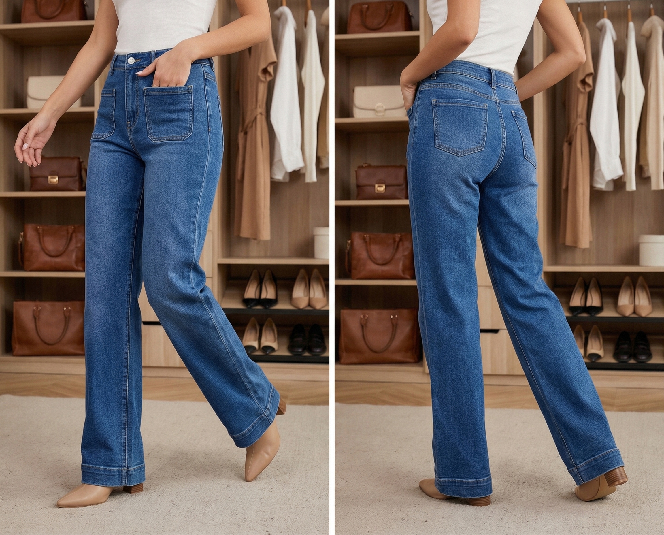 SPODNIE DAMSKIE JEANSY DZWONY SZEROKIE WIDE LEG ELASTYCZNE NIEBIESKIE 34 Linia regular