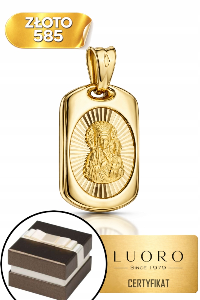 Zlatý Medailon 585 14K Panna Maria Čenstochovská Diamantový 24 MM