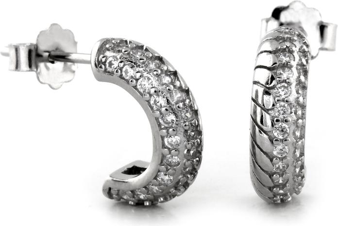 Stříbrné náušnice 925 půlkruhové trubičky na tyči se zirkony, drážkovaný vzor