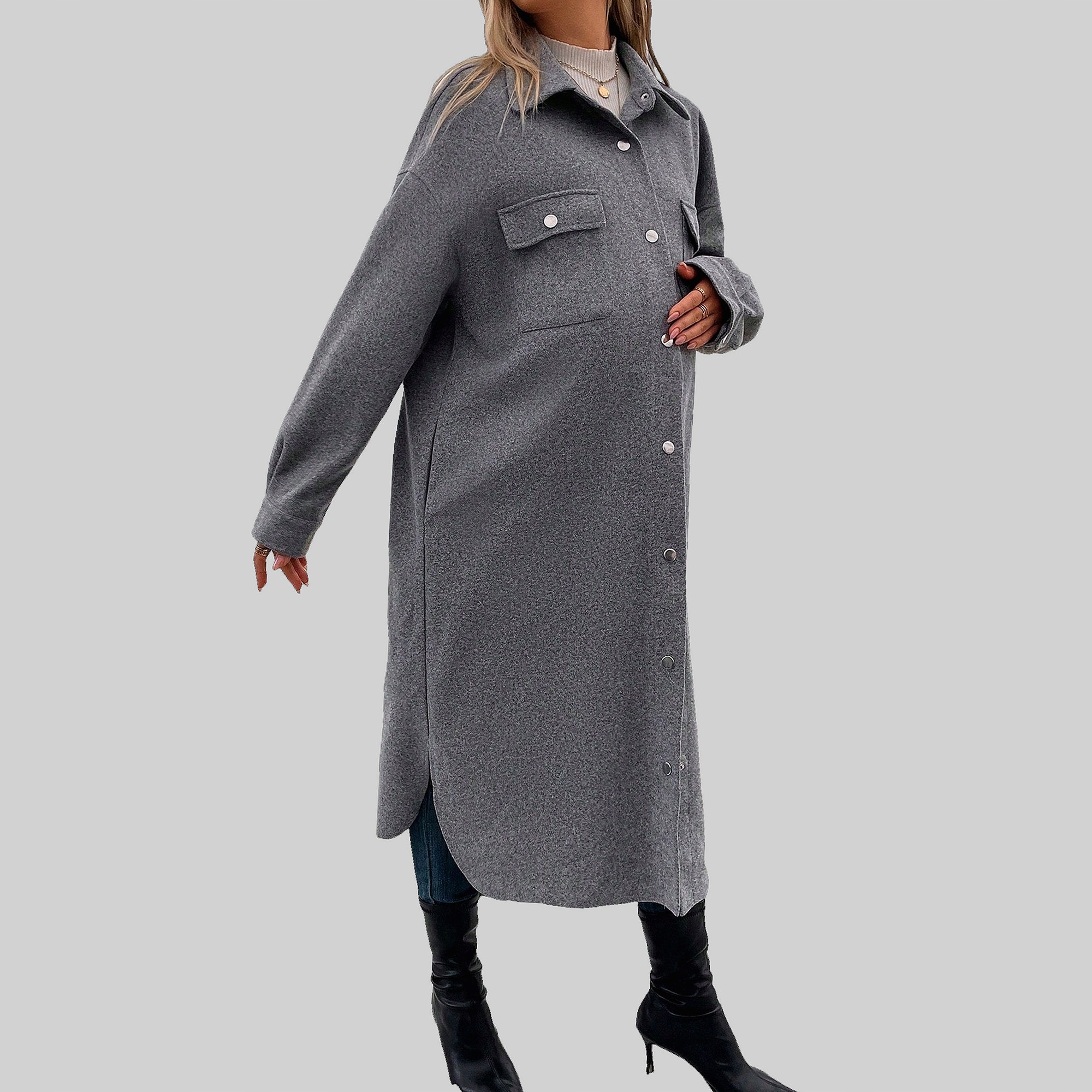 Těhotenský Kabát Midi Šedý se sníženými rameny Casual Shein M 38