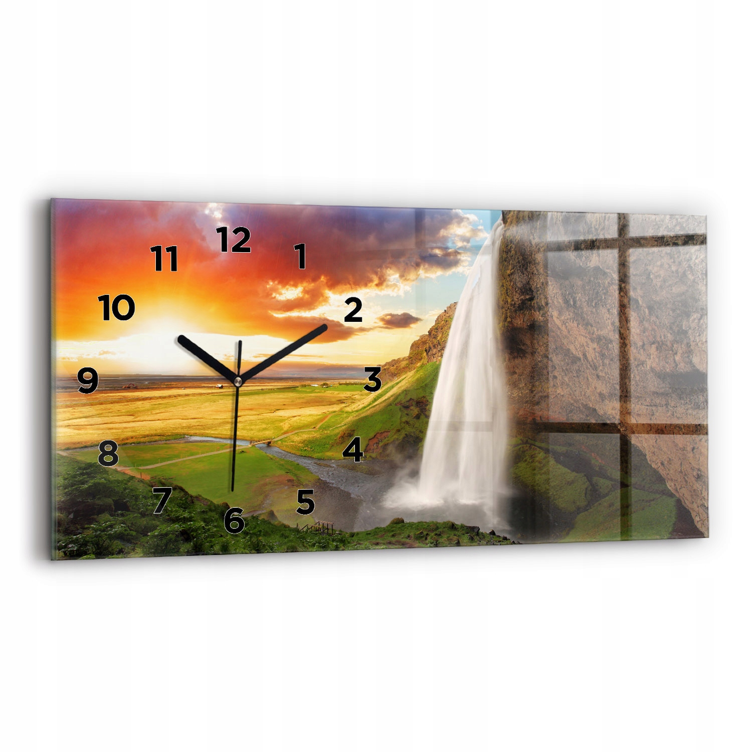 Dekorativní nástěnné hodiny s krásnou grafikou úrovně 60x30 cm Vodopád na Islandu
