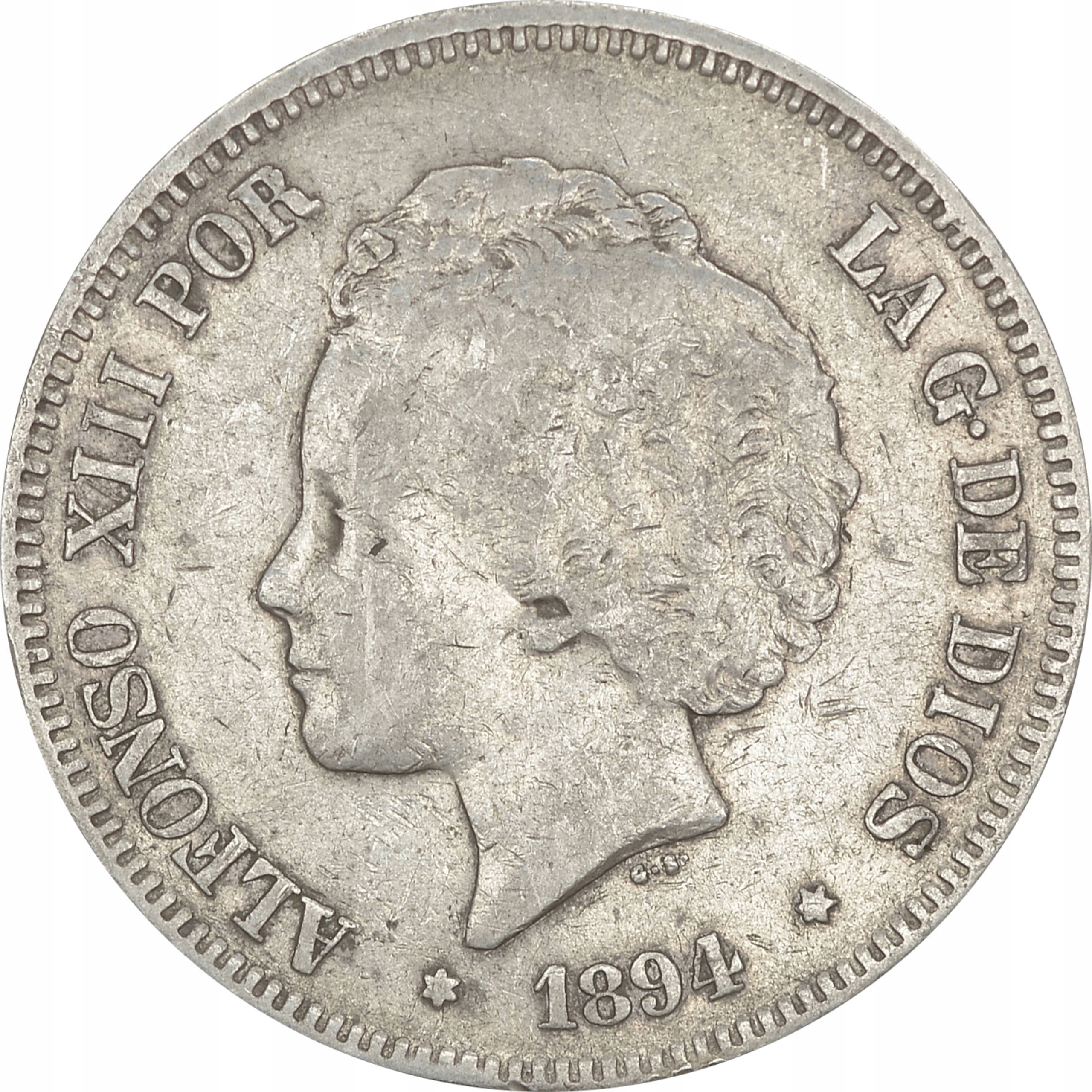 19.HISZPANIA, ALFONS XIII, 5 PESET 1894 PG V