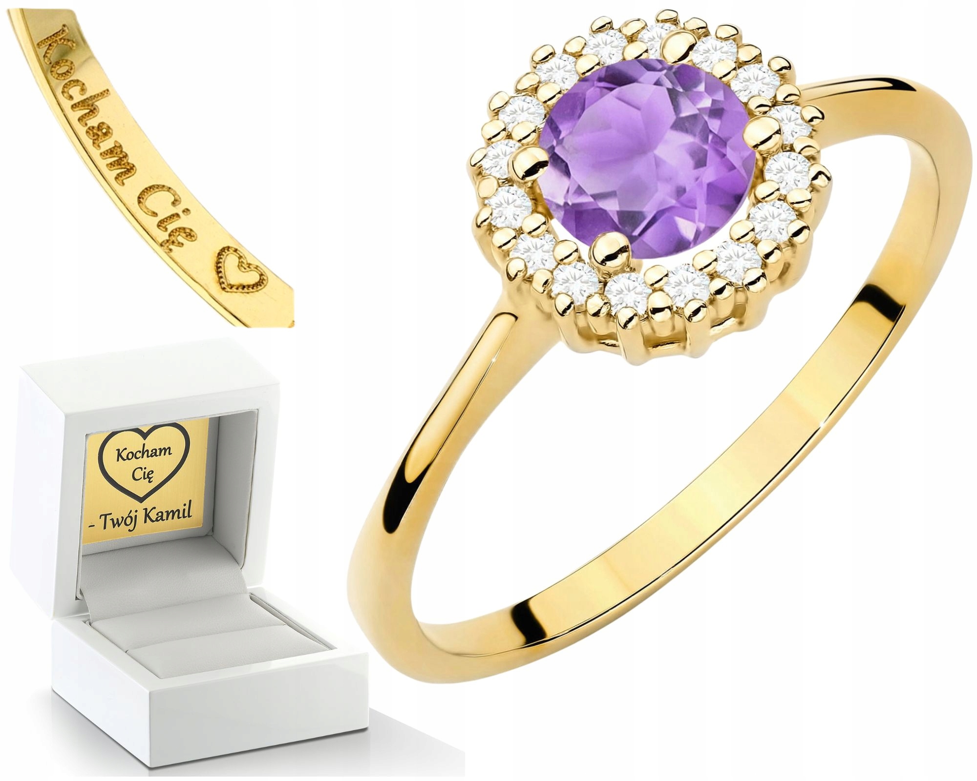 Prstýnek S Ametystem A Diamanty Bonus Gravírování 585 Dárek