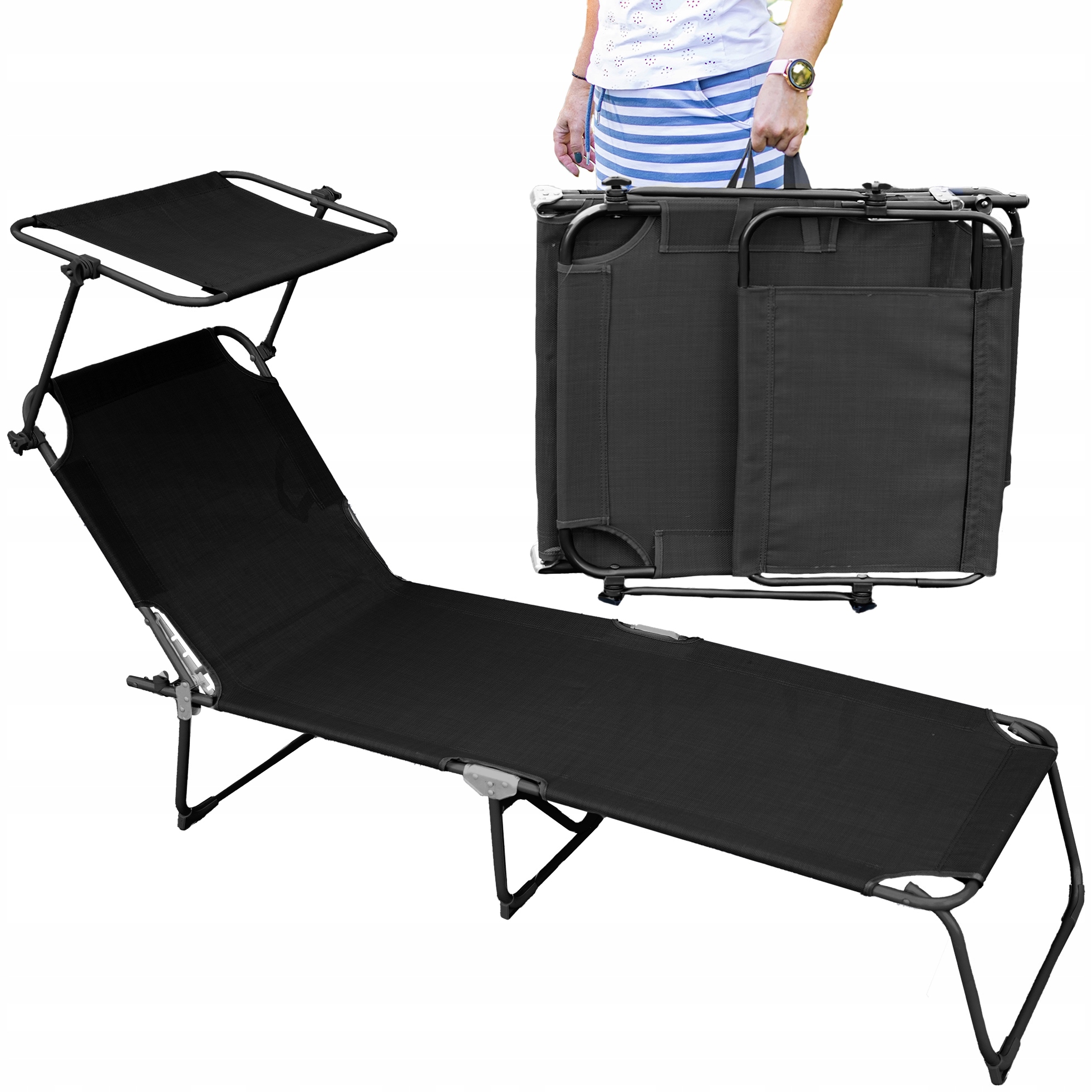 Składana Leżanka Ogrodowy Z Zadaszeniem Szary Stal Fotel Plażowy Leżak