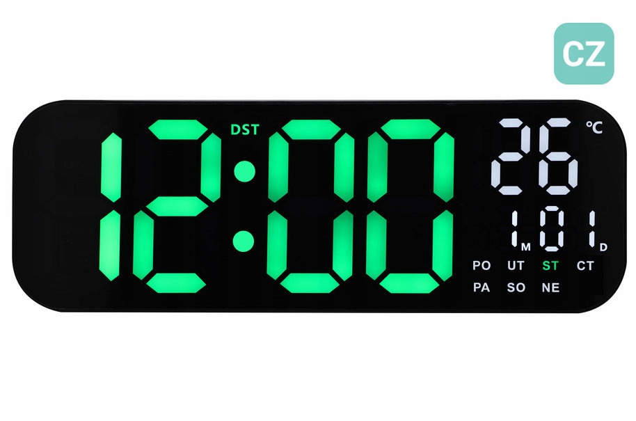 Veľké Zelené Led Hodiny S Pilotom DH9016.1 Stoper Časovač 46 cm Dni Po Česky