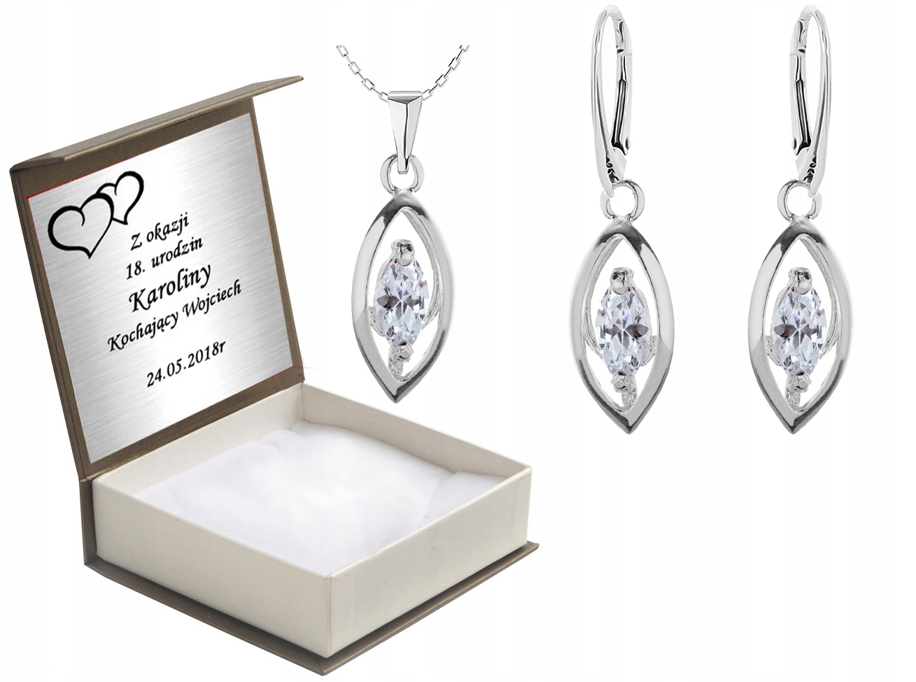 

Komplet Biżuterii Srebrnej Z Cyrkoniami + Grawer