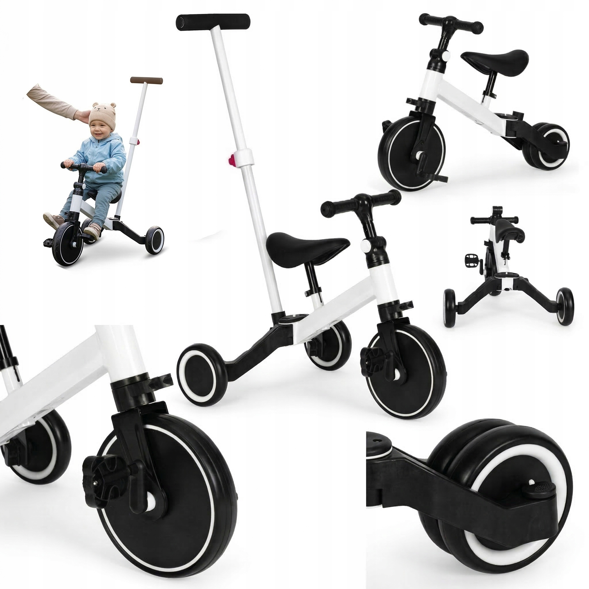 Rowerek Trójkołowy Biegowy 2w1 Dla Dzieci Z Rączką Pedałami Koła Eva Biały