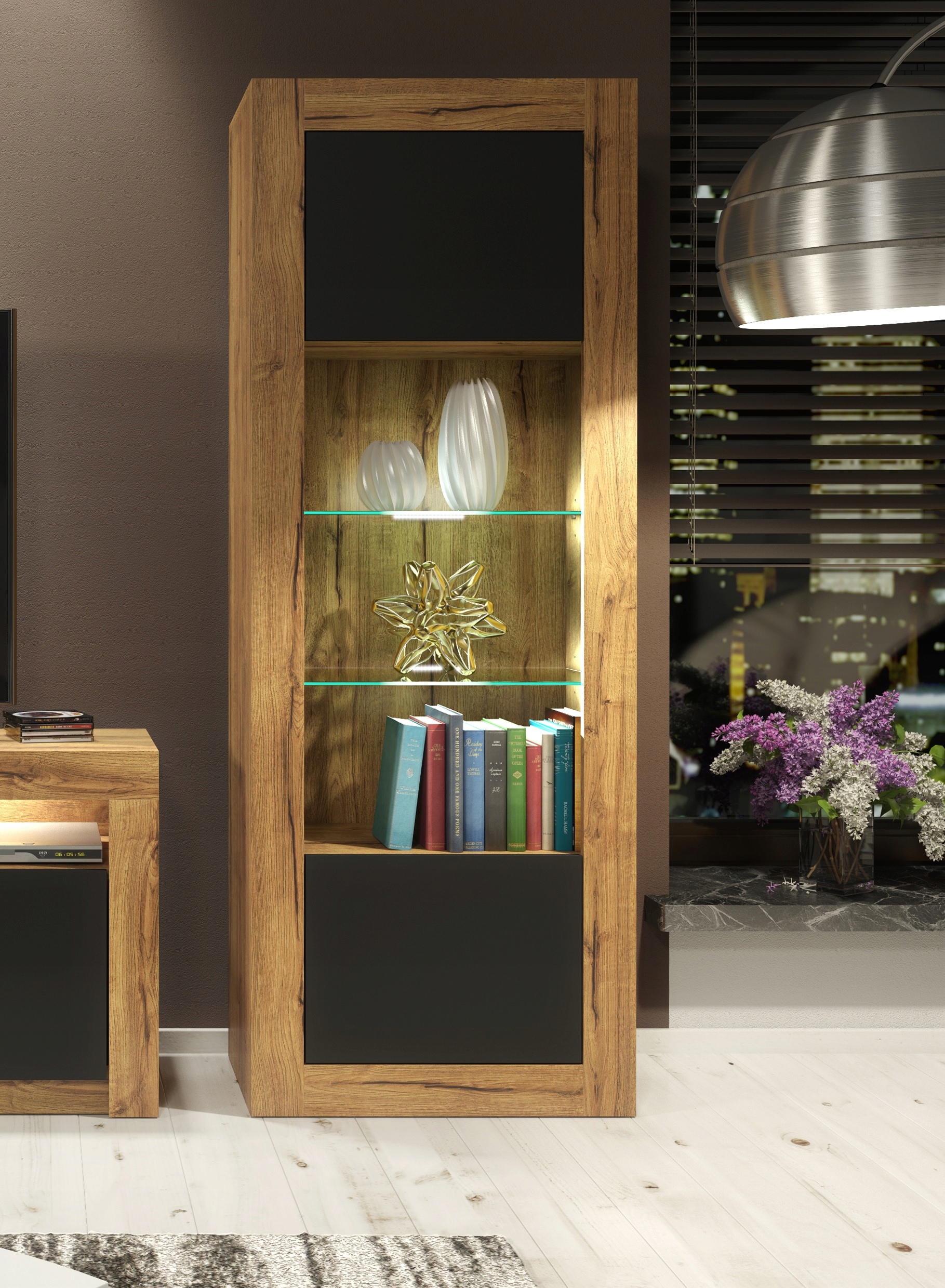 ZESTAW SZAFKA RTV TV WITRYNA RETRO LOFT DĄB/CZARNY Wykończenie matowe