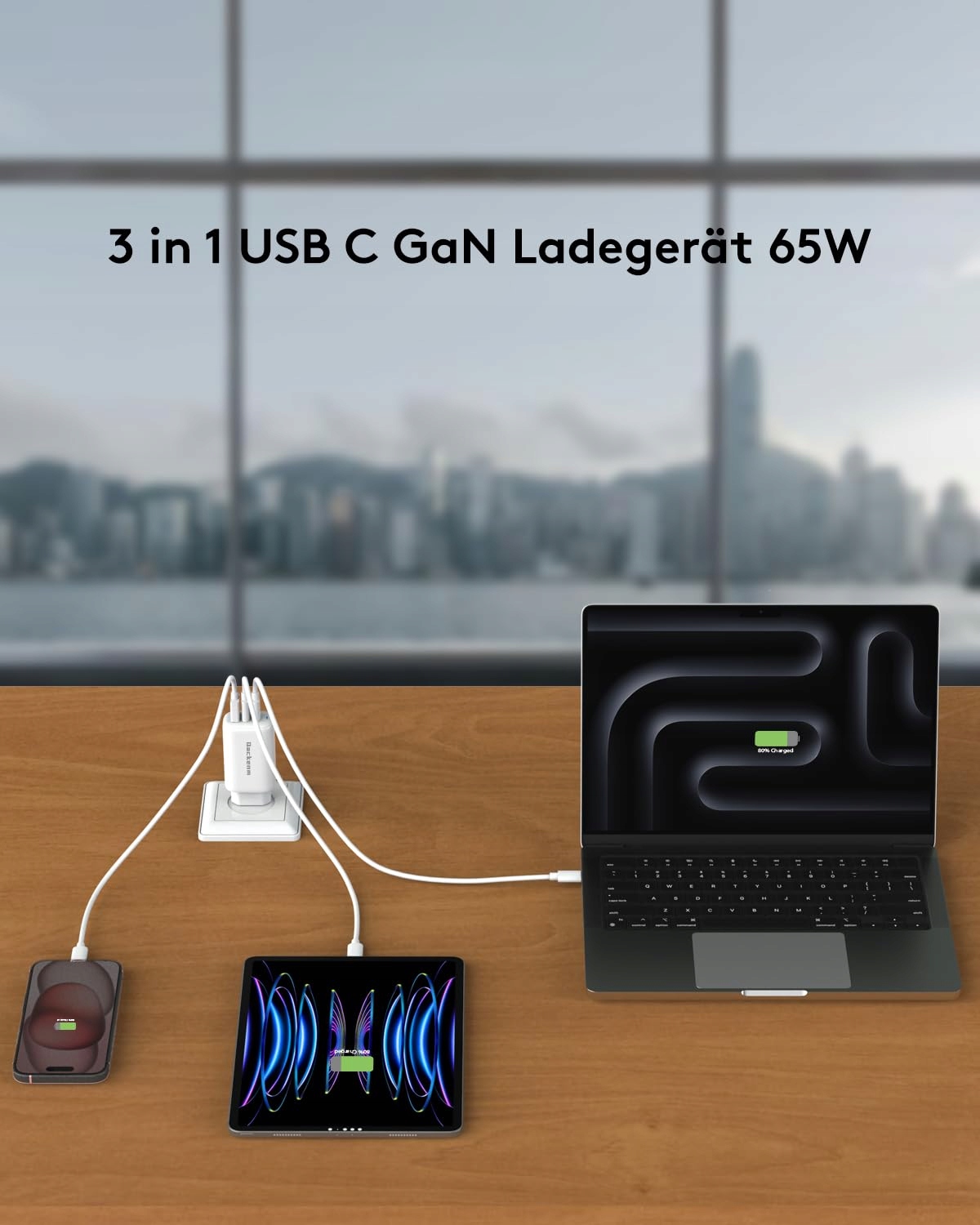 QACKENM Ładowarka USB C 65W 3-Port GaN Szybkie Ładowanie MacBook iPhone — miniatura 2