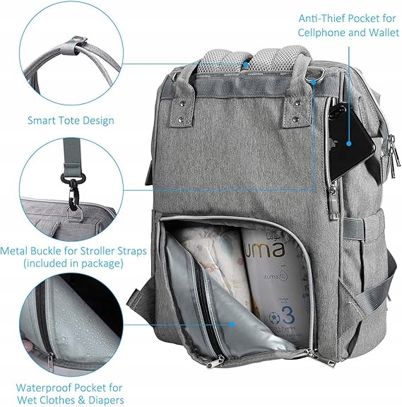 Torba Podróżna Plecak do Wózka dla Niemowląt 15 Kieszeni Mata Przewijania Wzór dominujący inny wzór