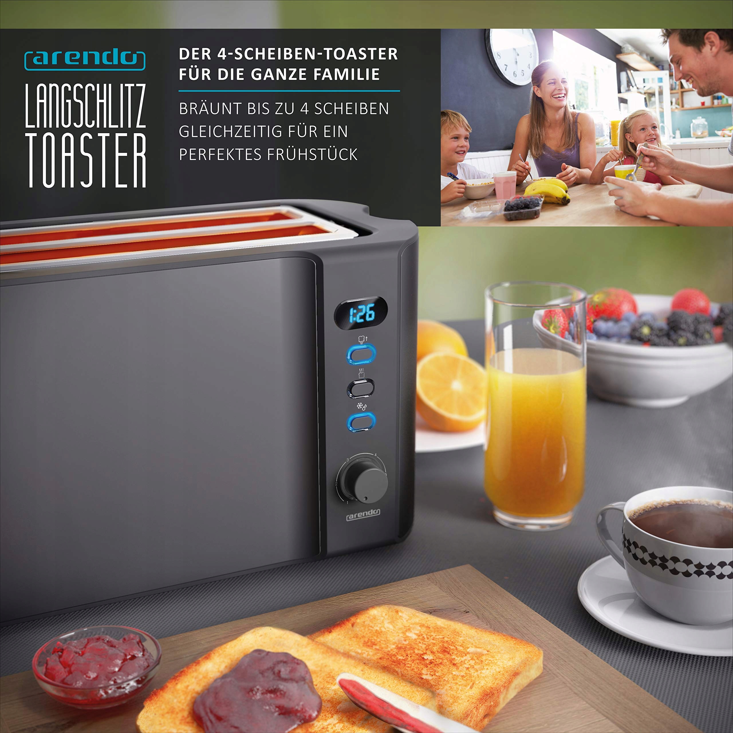 ARENDO Toster Stalowy 4 Kromki Długi Otwór Defrost 1500W Szary — miniatura 6