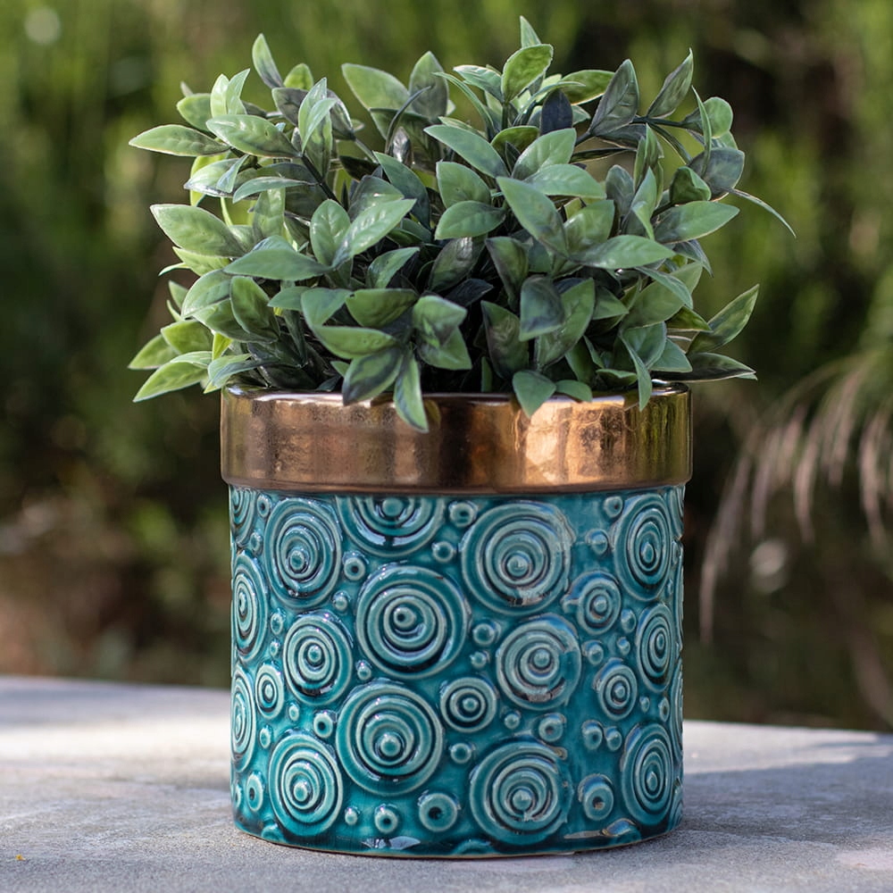 Osłonka CERAMICZNA Doniczka Turkus Miedziana 14 cm Kolor mosiądz