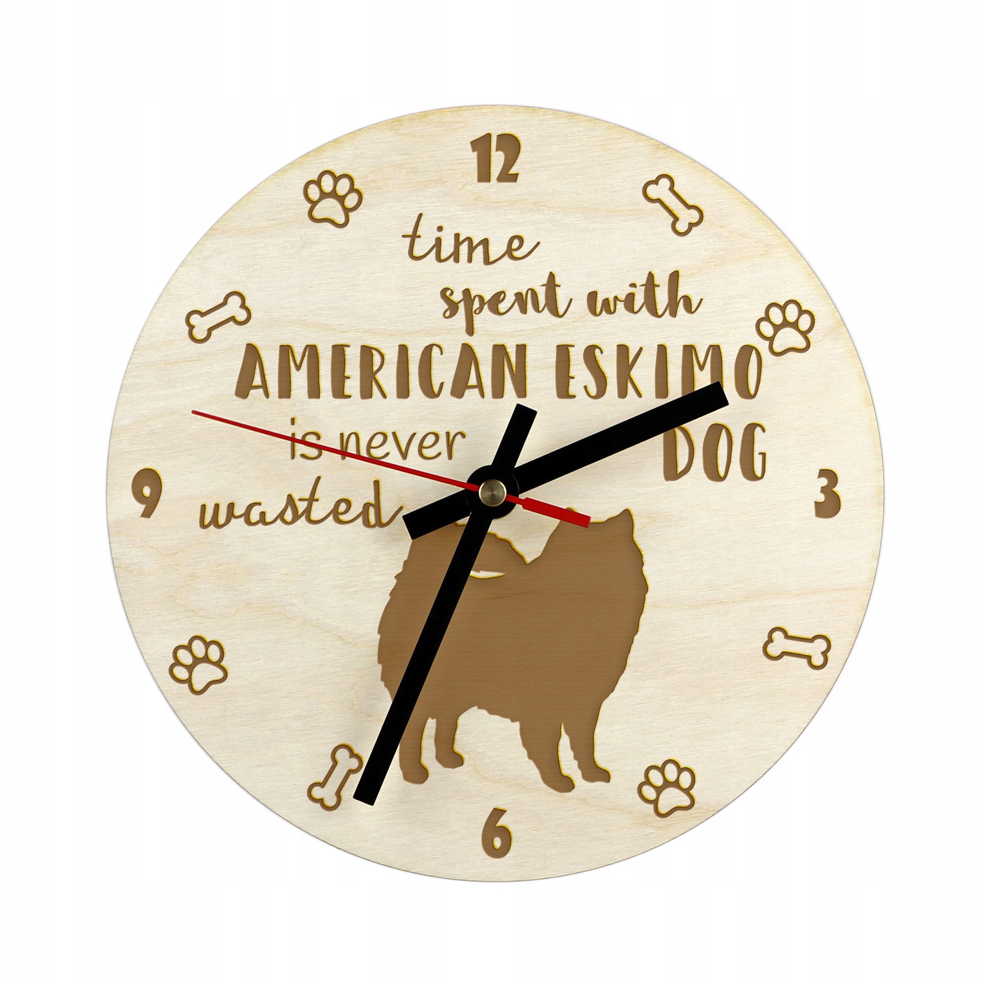 American Eskimo Dog gravírovaný hodinový stroj se psem, průměr 30 cm, jméno psa