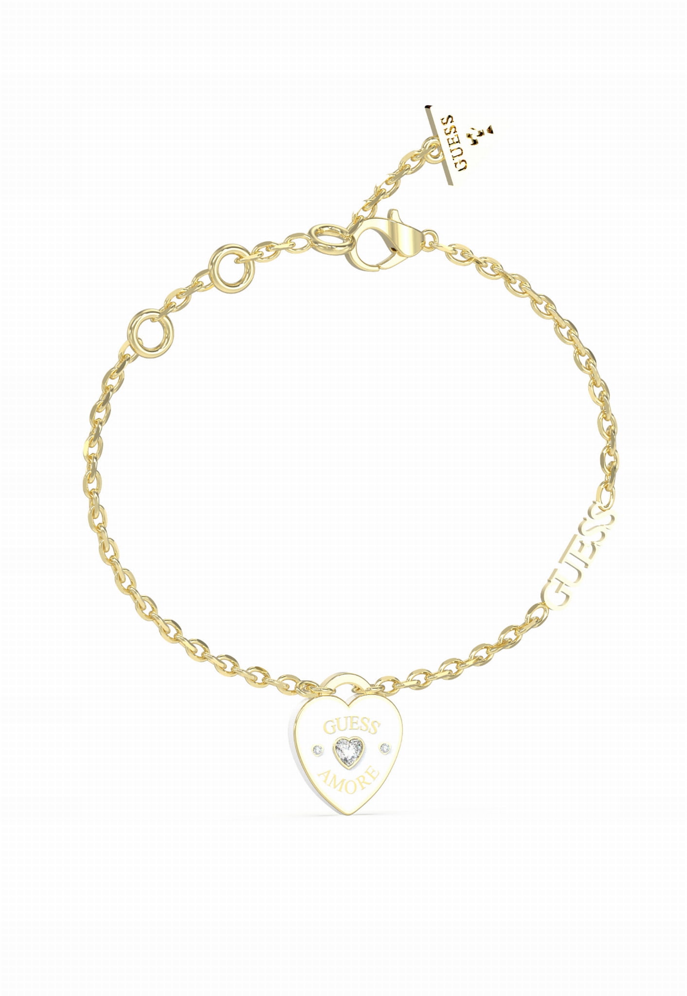 Dámský náramek Guess Amore Srdce zirkon bílá smaltovaná ocel zlatá vel. S