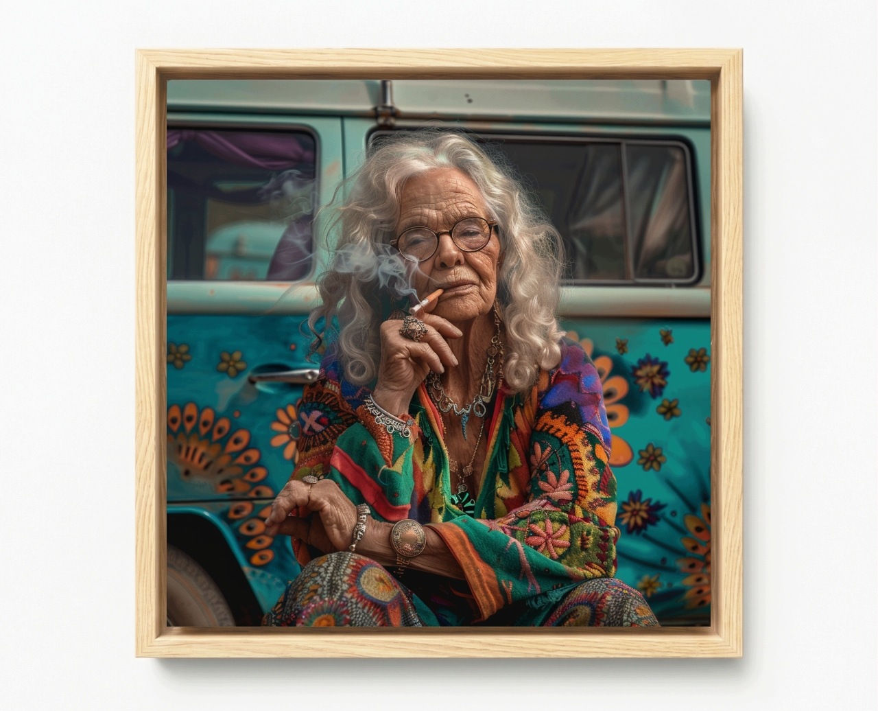 Obraz Rám American Box Hippie Starší Žena Barevný Van Retro 60x60