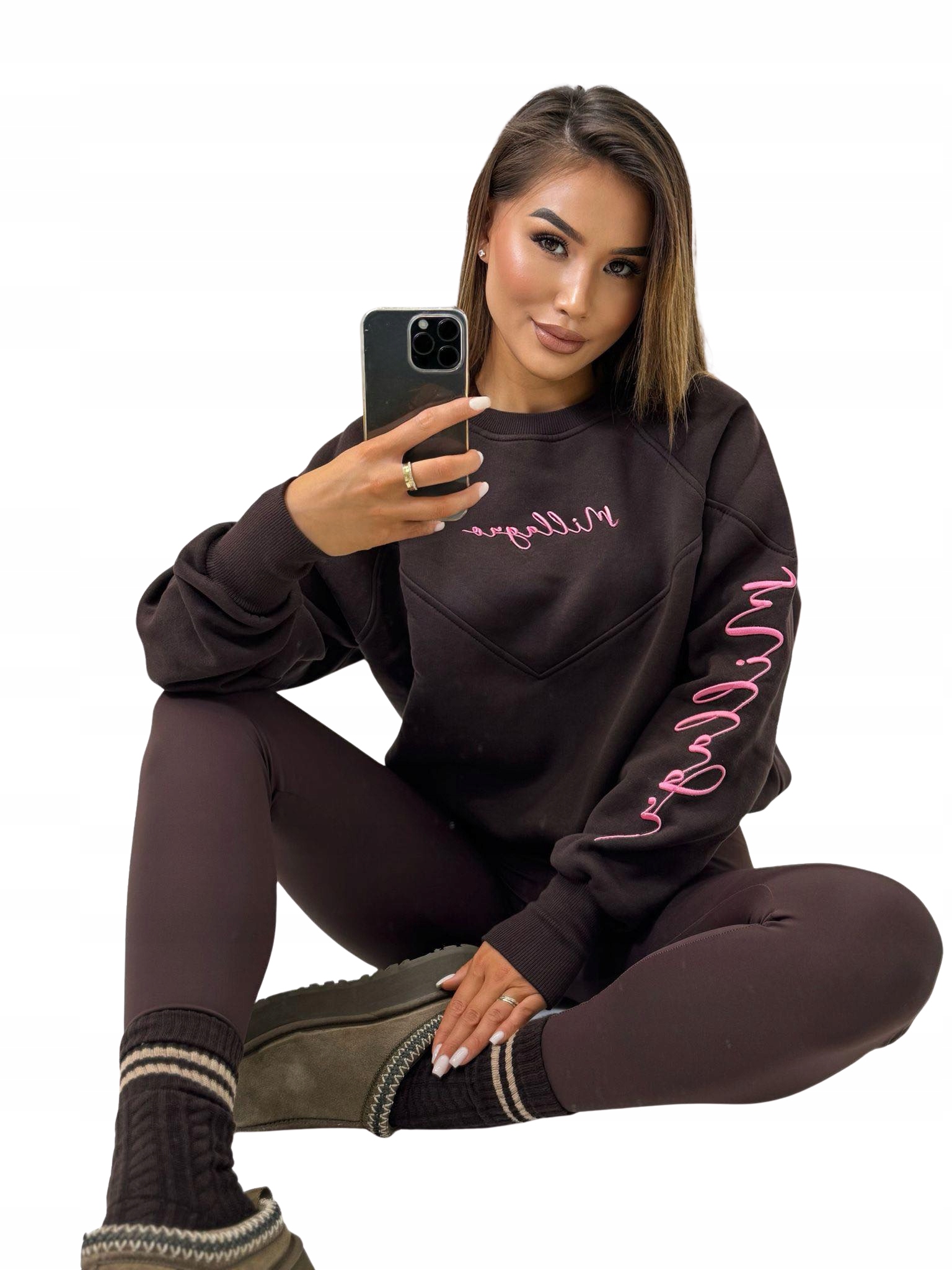 Mikina s výšivkou Millagro Sweet čokoládová s růžovou barvou