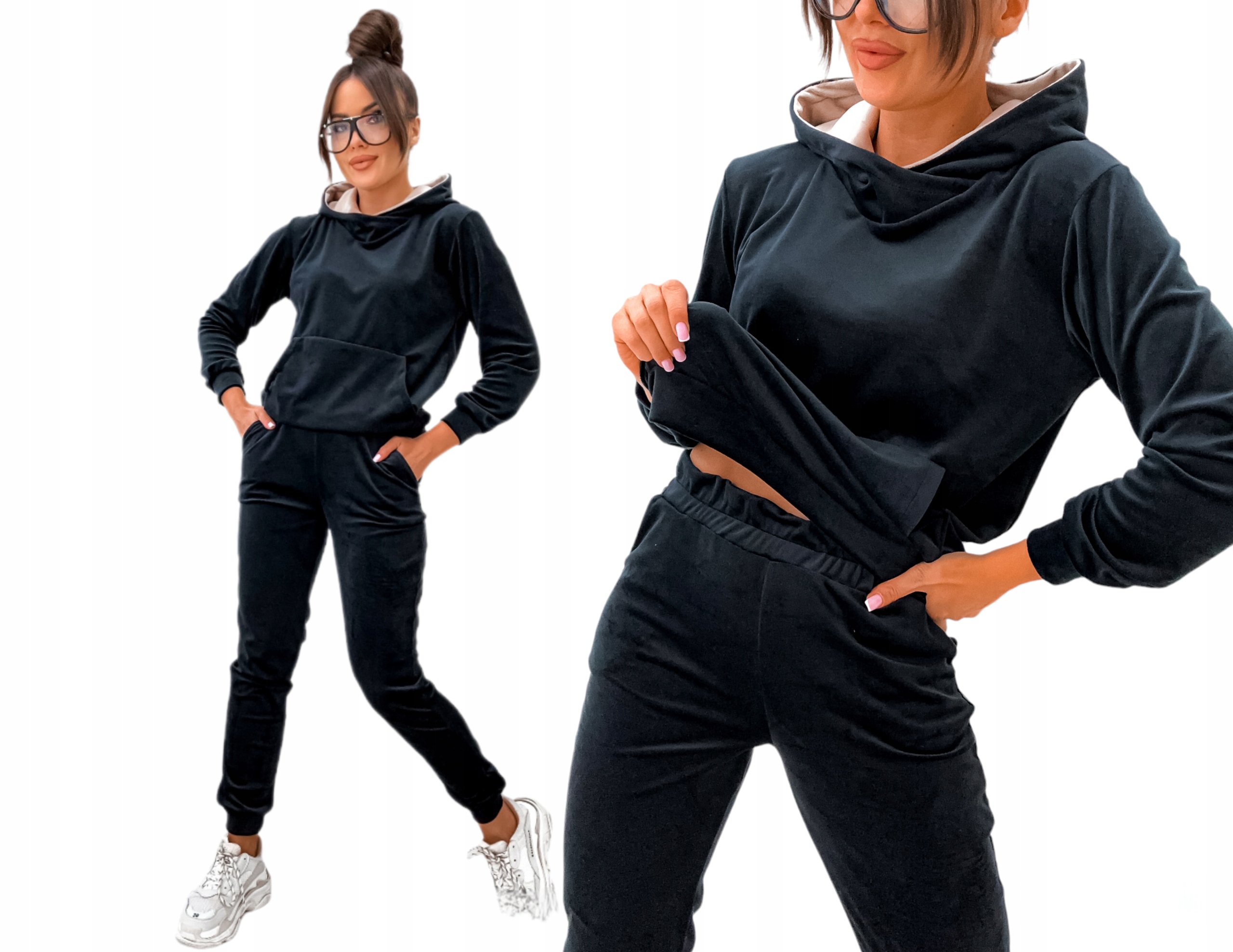 Polský Komplet Teplákovka Velurová Mikina S Kapucí A Kalhoty vel. S M Černá