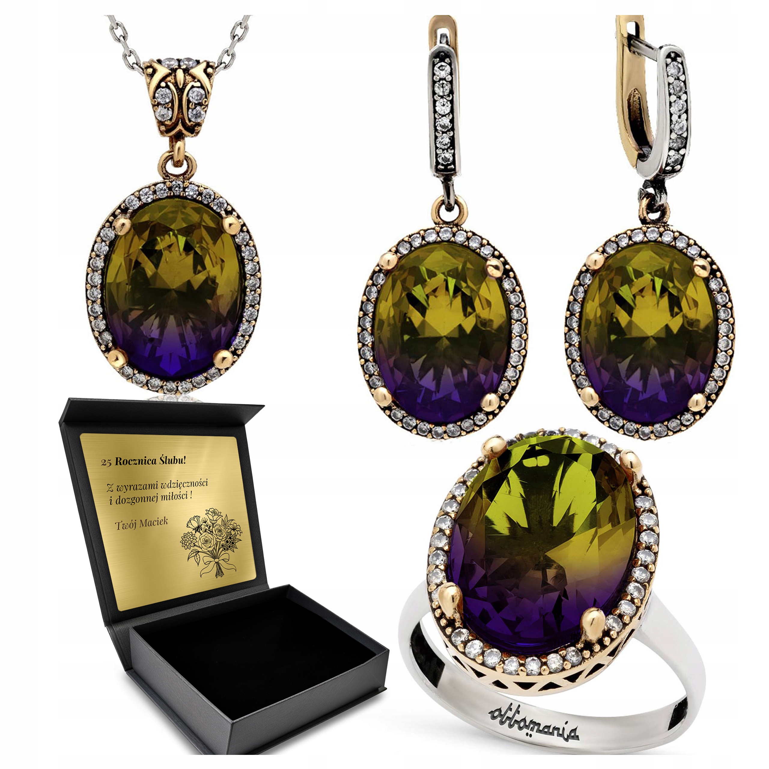 Komplet Stříbrných Šperků 925 Zirkony Ametryn Dárek pro ženu Gravírování
