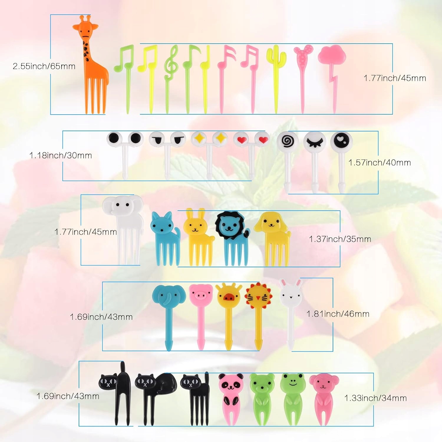 MINI WIDELEC DO OWOCÓW WARZYW Z KRESKÓWEK WIDELCZYKI KOLOROWE ZESTAW 64 szt Marka inna