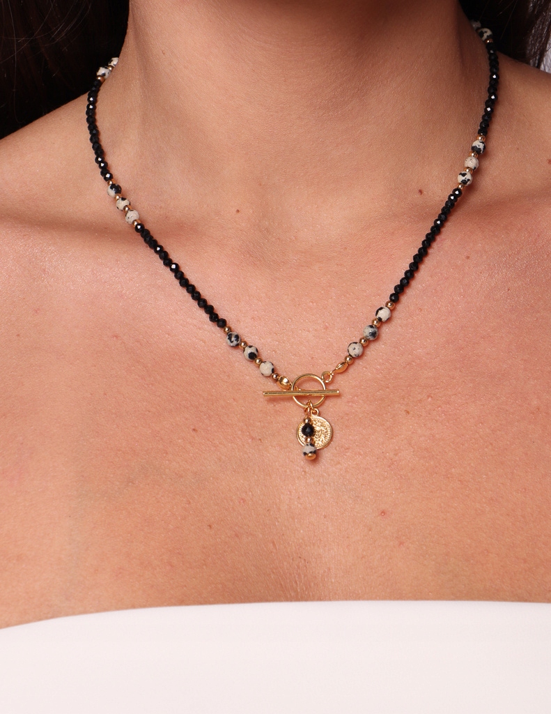 Náhrdelník černý turmalín a dalmatský jaspis toggle s přívěskem