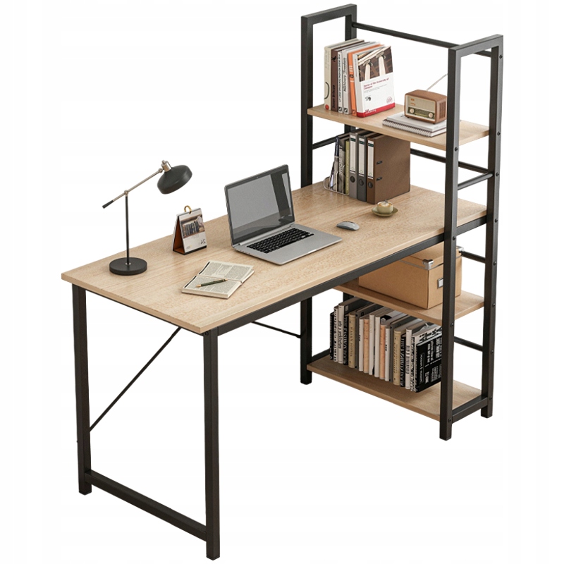 Počítačový Stôl S Regálom A Policami Moderný Kovový Loft Svetlohnedý