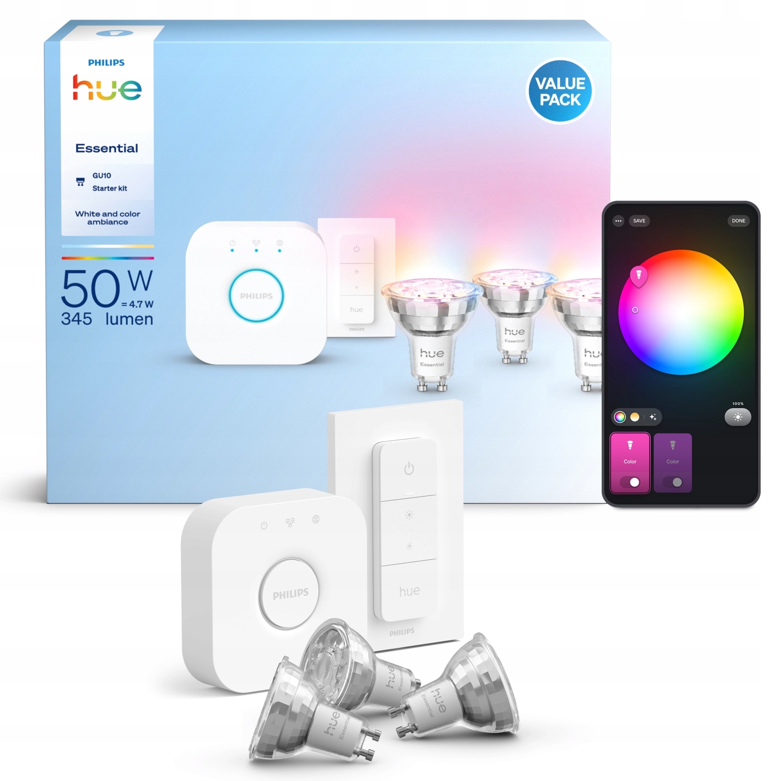 3x Led žárovka GU10 4,7W Rgb Bridge regulátor Philips Hue Essential