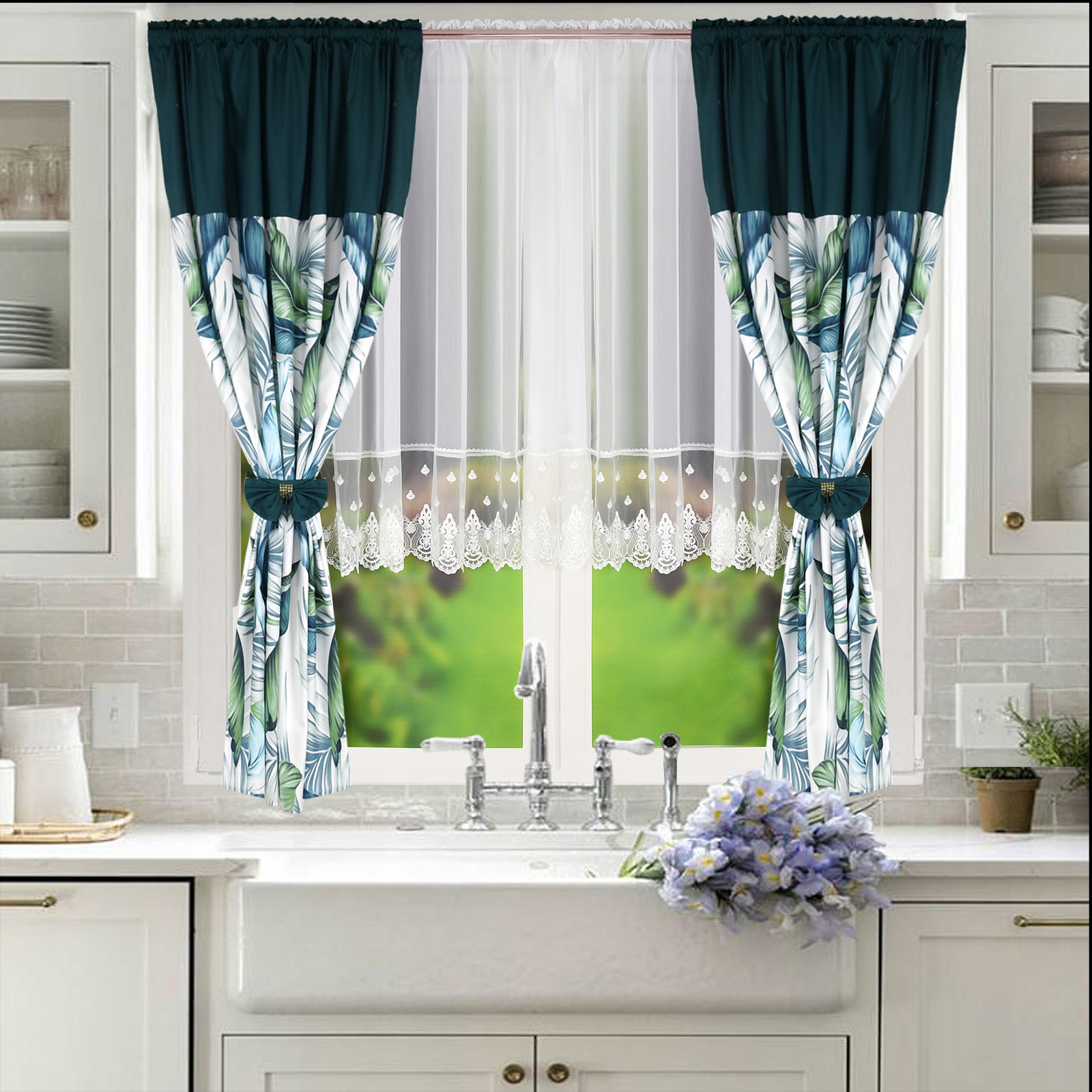 KOMPLET ZASŁON W NIEBIESKIE LIŚCIE + FIRANKA GOTOWA WOAL 400x160 Z TAŚMĄ Kod producenta L 594