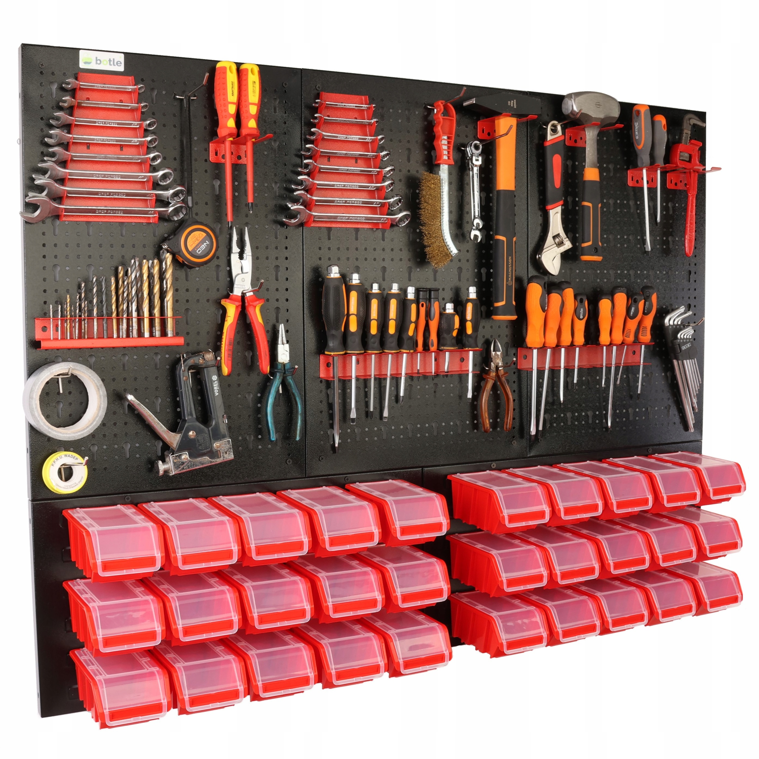 Dílenská tabule botle 120x90 cm kovová 30x nádoba Červená