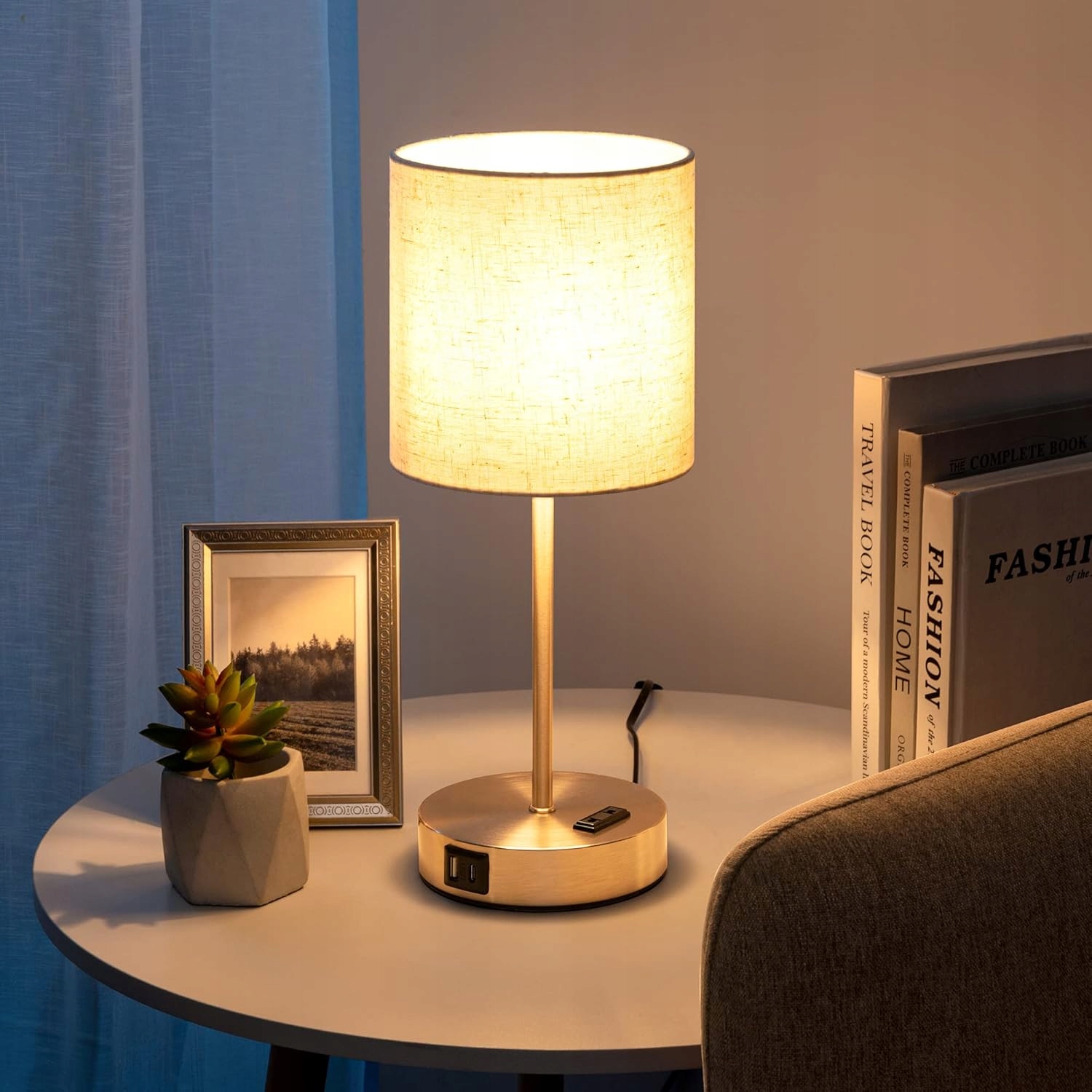 LAMPA STOŁOWA NOCNA PŁÓCIENNY ABAŻUR Z PORTAMI USB + ŻARÓWKA E27 Kolor naturalny