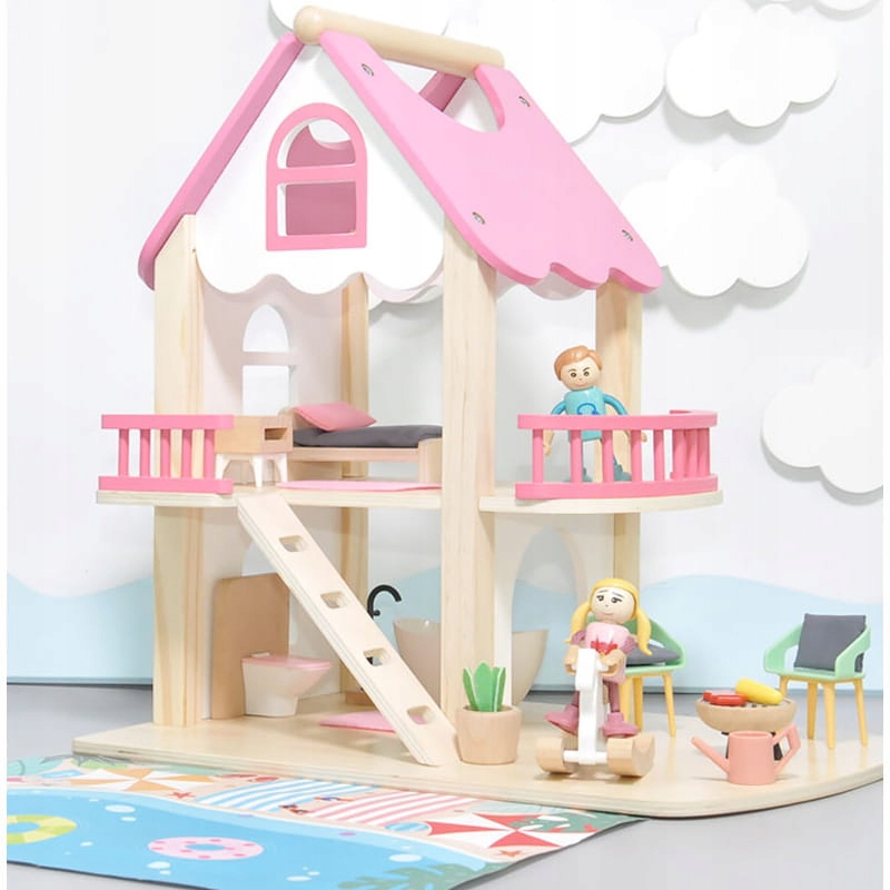 Domek drewniany dla lalek Montessori Salon Kuchnia Sypialnia