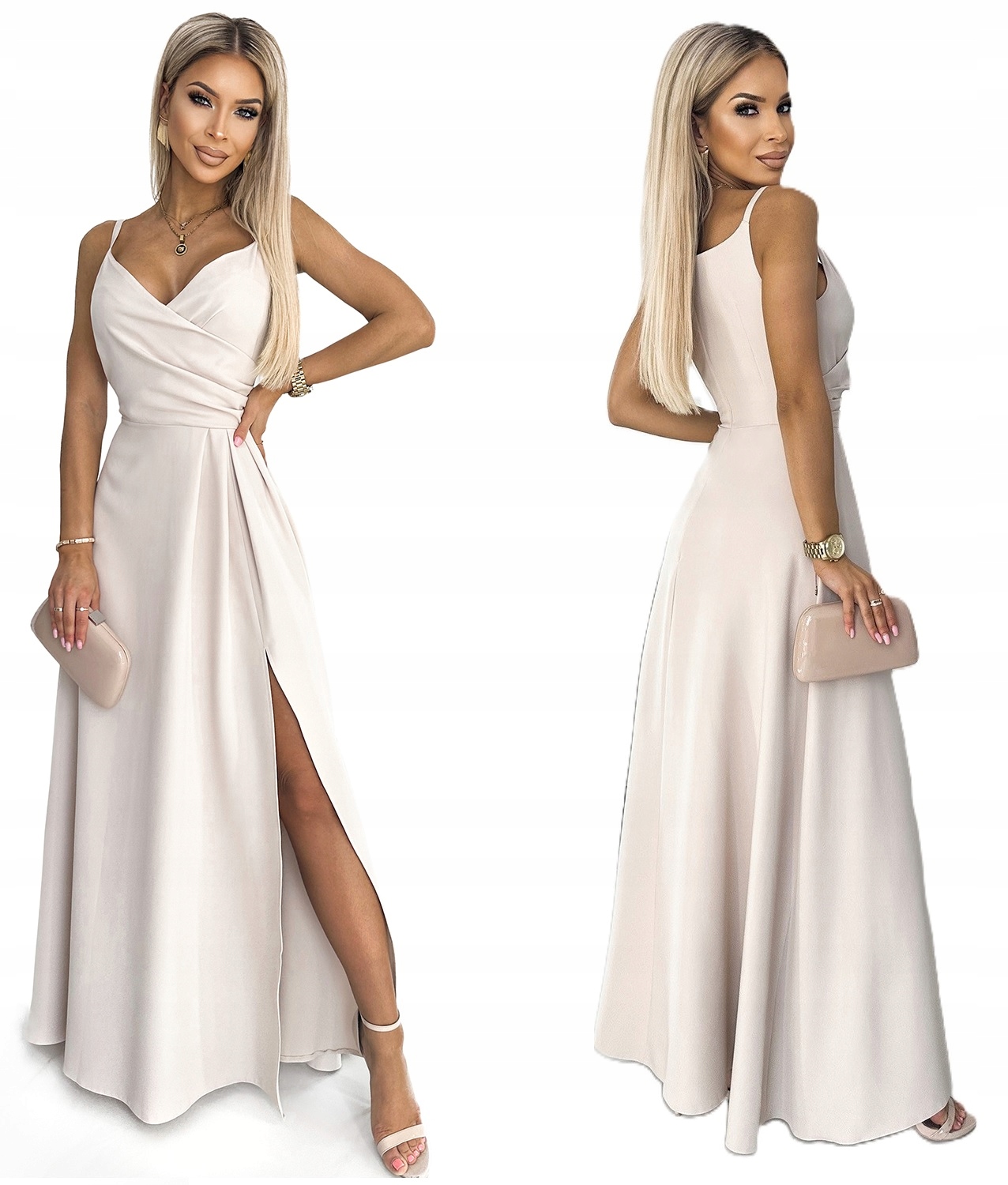 Elegantní Dlouhá Šaty Na Ramínka S Velkým Výstřihem Na Boku, Béžová L