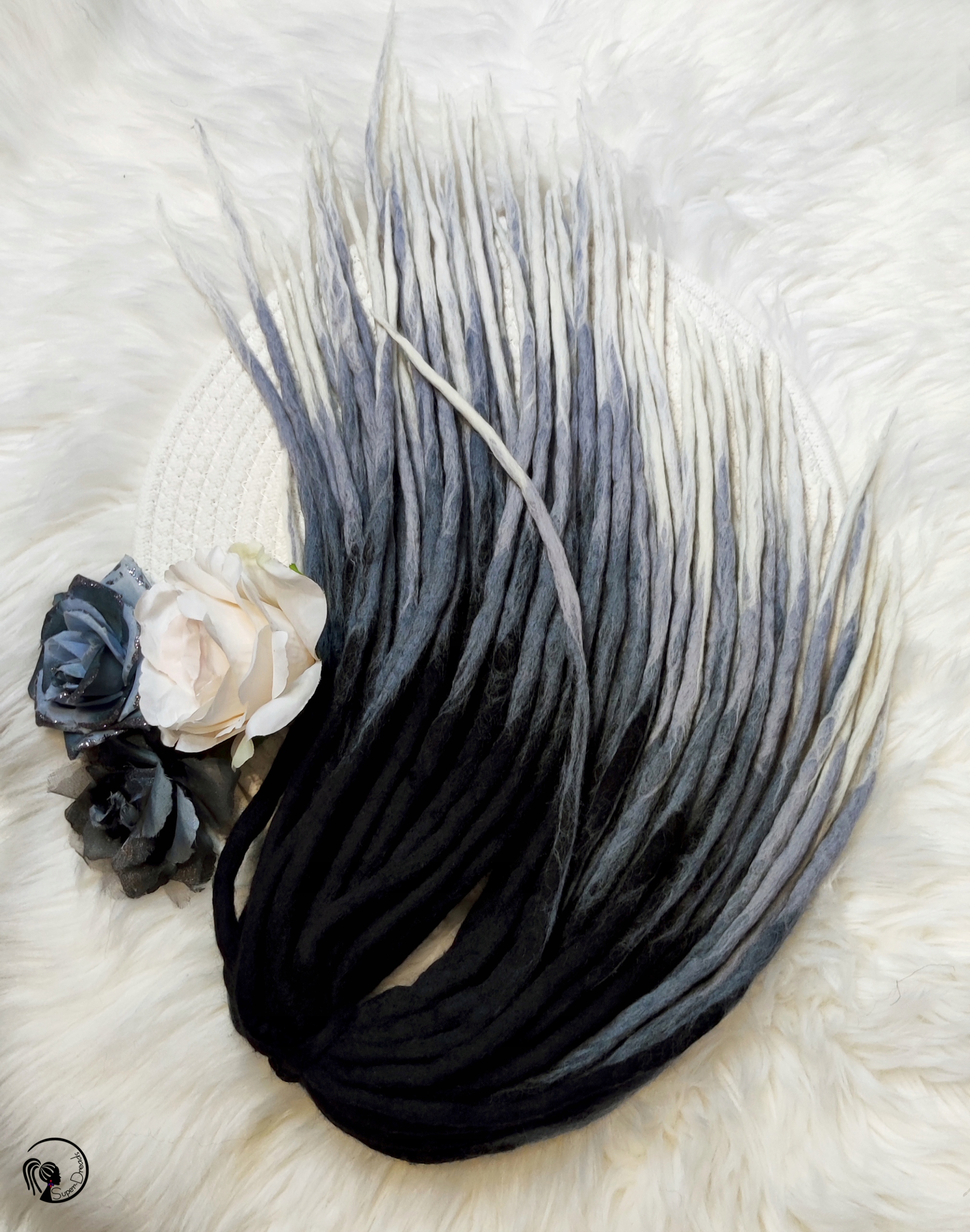 Dredloky Vlněné Dredy, černá šedá bílá, Sněhové Hory, 15 ks dlouhé