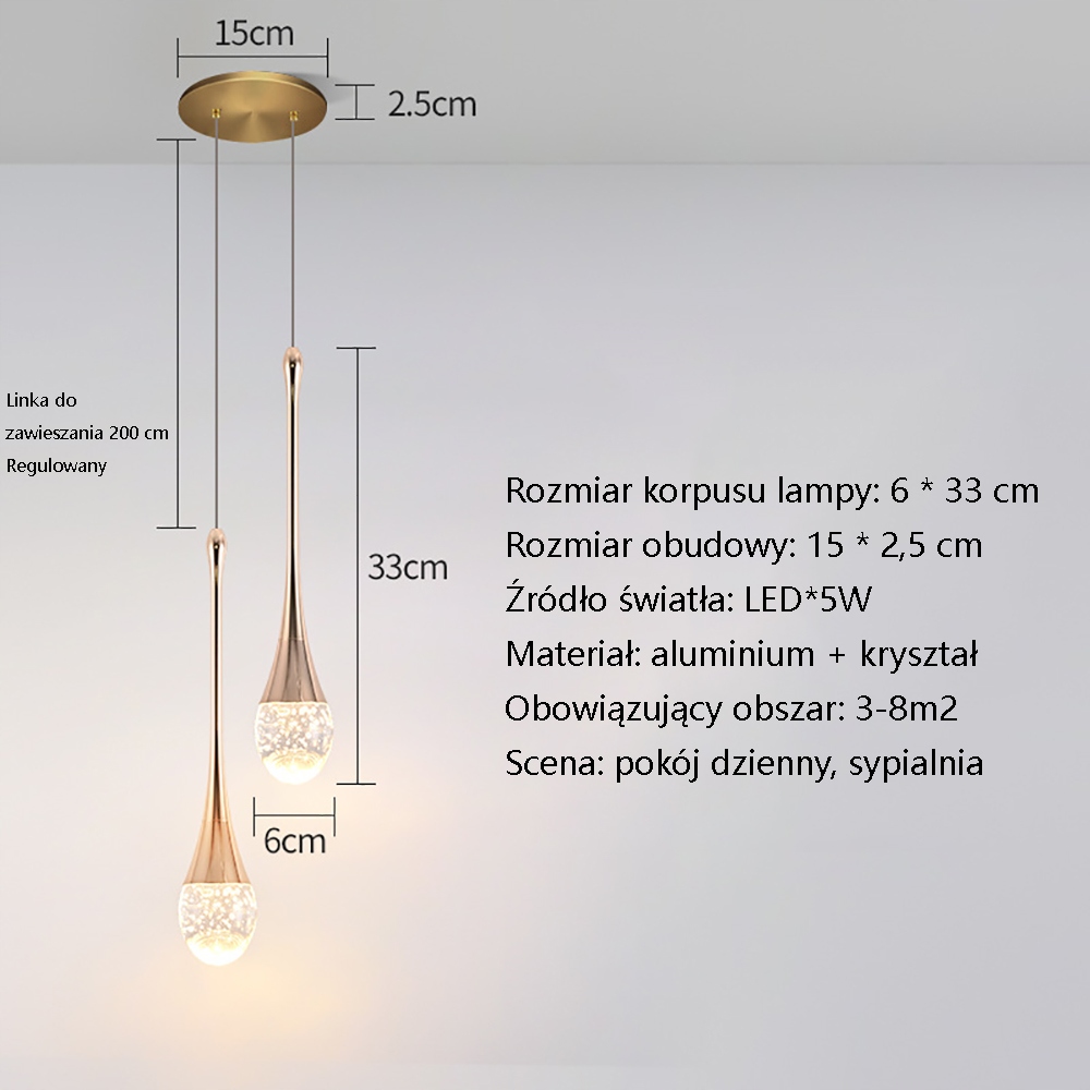 LED Podwójna głowica Mała talia Pokój dzienny Kryształ Żyrandol Kolor odcienie żółtego i złota