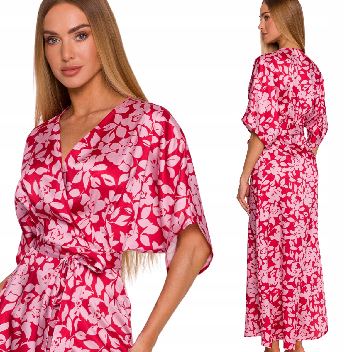 Šaty Elegantní Módní Maxi Obálkové Vzor Květiny Červená 42 XL