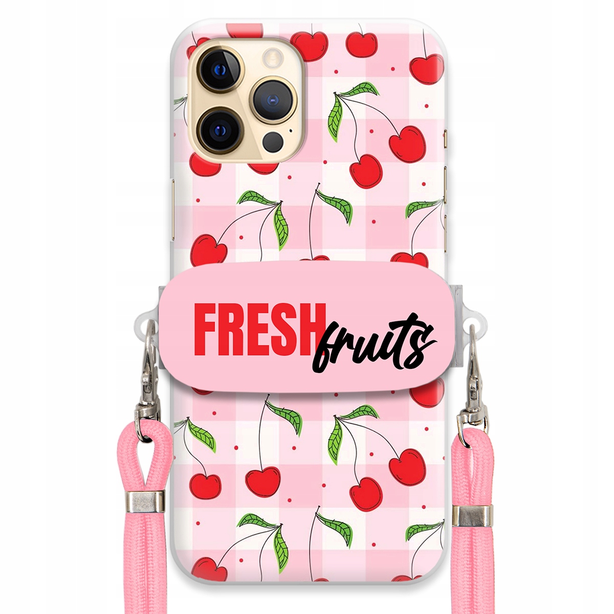 Puzdro pre iPHONE 12 Pro Max Case Držiak šnúrok Ružový Fresh Fruits Mriežka