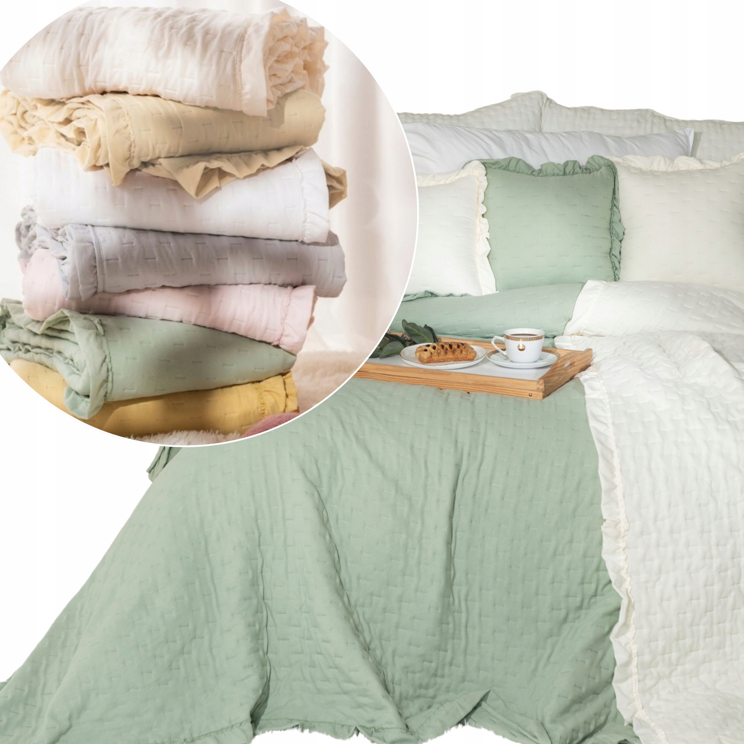 Narzuta na łóżko dekoracyjna z falbaną 220x240 Pled szałwia mięta