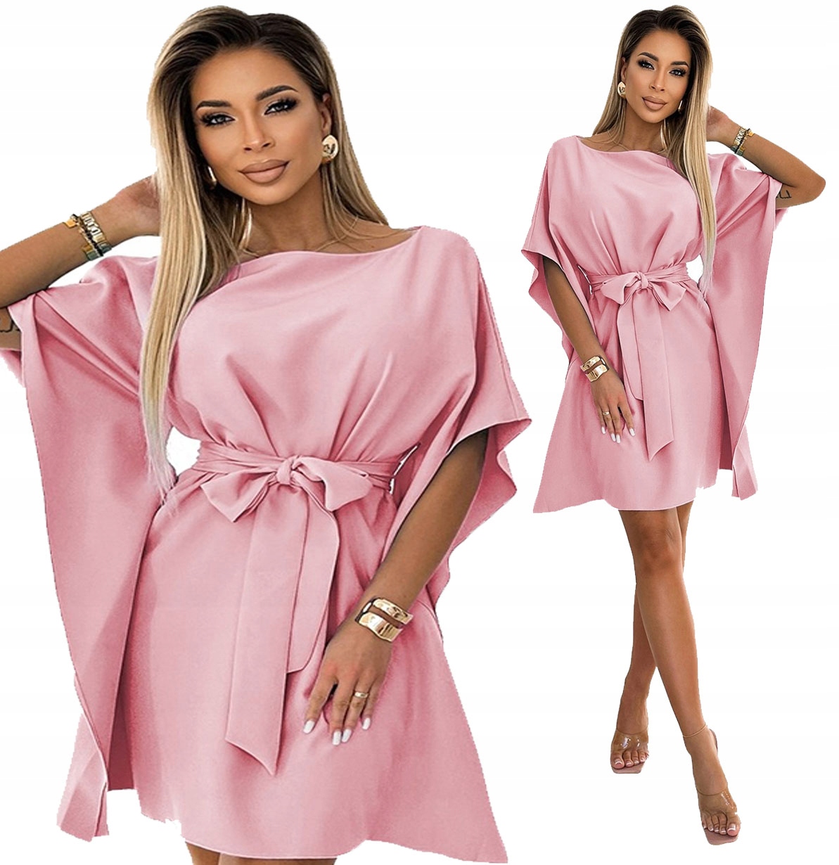 Krásné Šaty Motýl S Páskem Asymetrické Rukávy Starorůžová L/XL