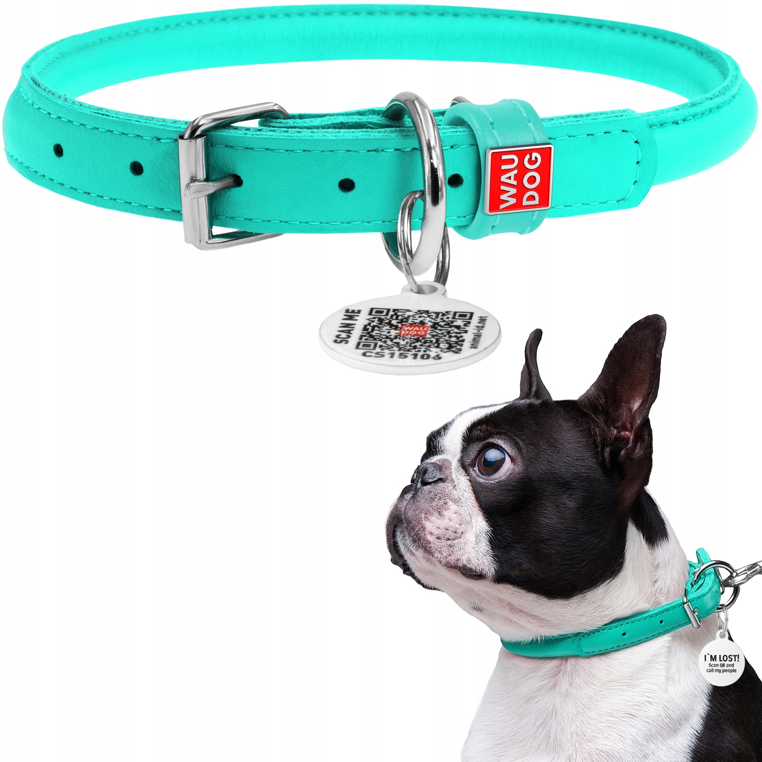 Levně Kožený kulatý obojek pro psa Waudog s Qr pasem, mátový, vel. XL