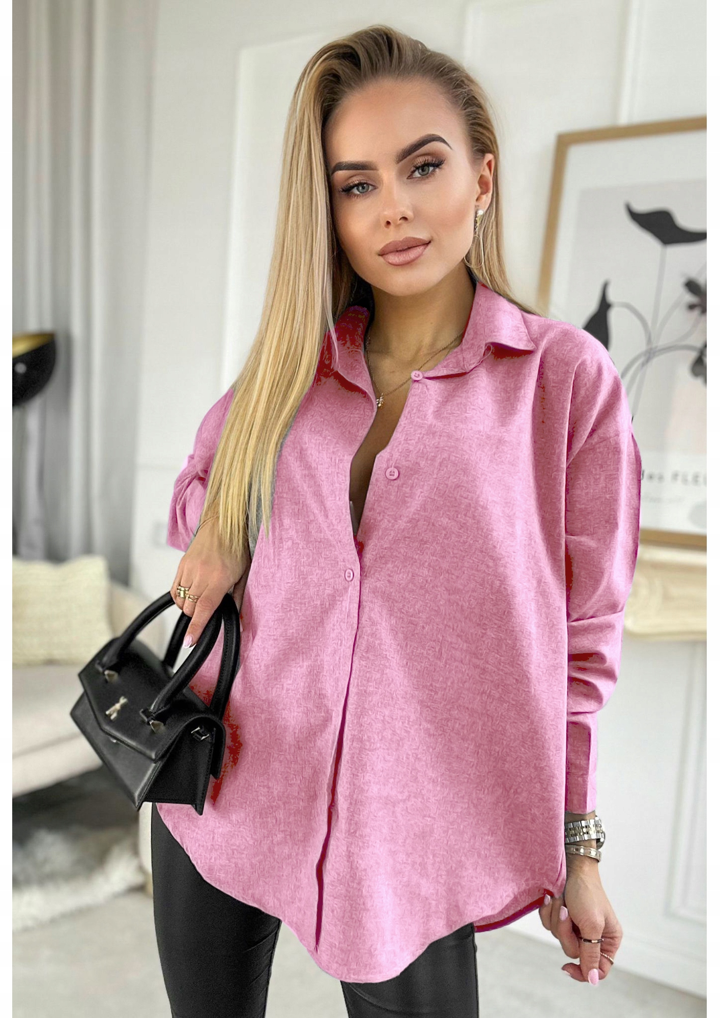 Elegancka KOSZULA DAMSKA bluzka stylowa modna oversize guziki Kolor różowy