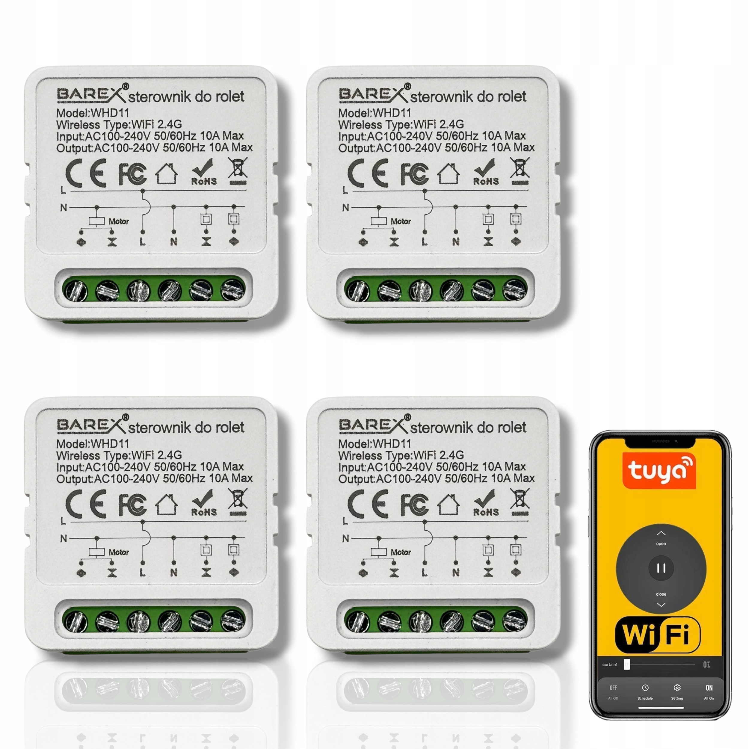 Zestaw 4x Inteligentny Wi-Fi Moduł do Sterowania Rolet i Zasłon Tuya 10 A