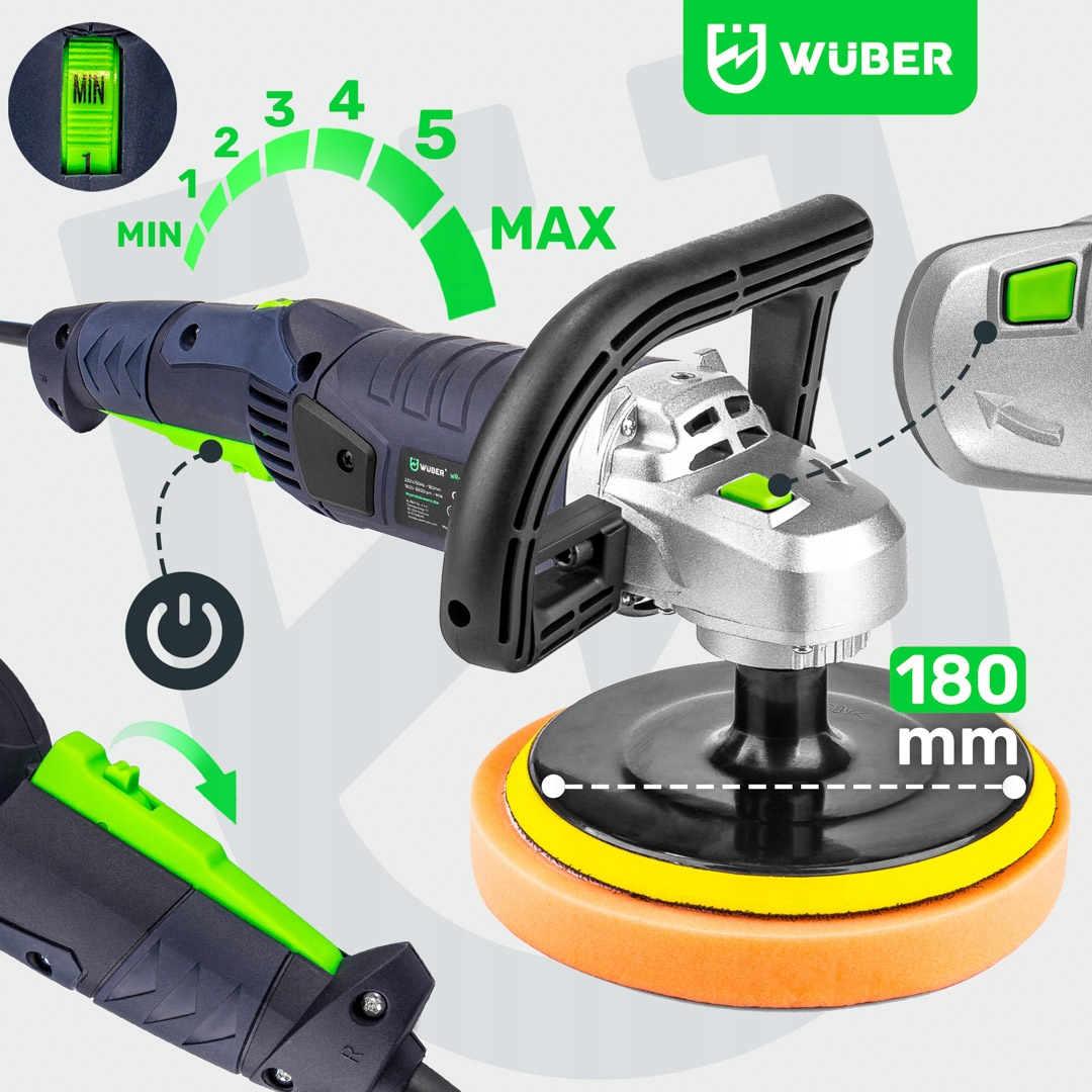 POLERKA SAMOCHODOWA SZLIFIERKA Z REGULACJĄ OBROTÓW + ZESTAW GĄBEK + FILC Waga produktu z opakowaniem jednostkowym 3.5 kg