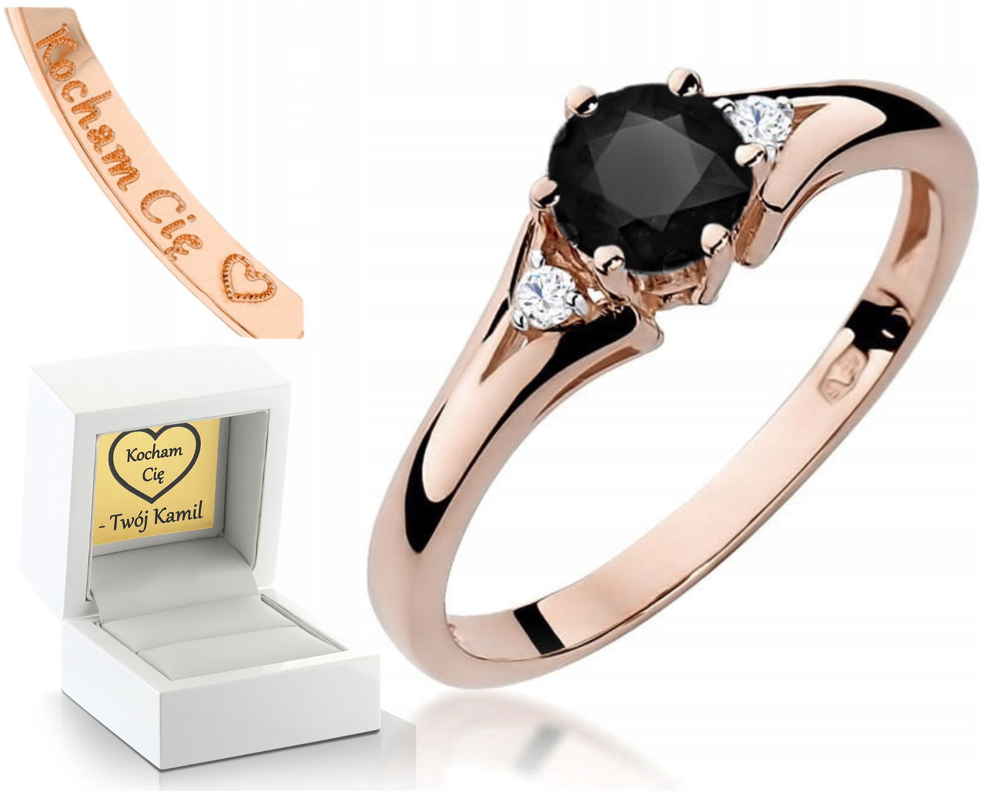 Růžový Zlatý Prstýnek S Černobílými Diamanty Ryzost 585 Gravírování 14K