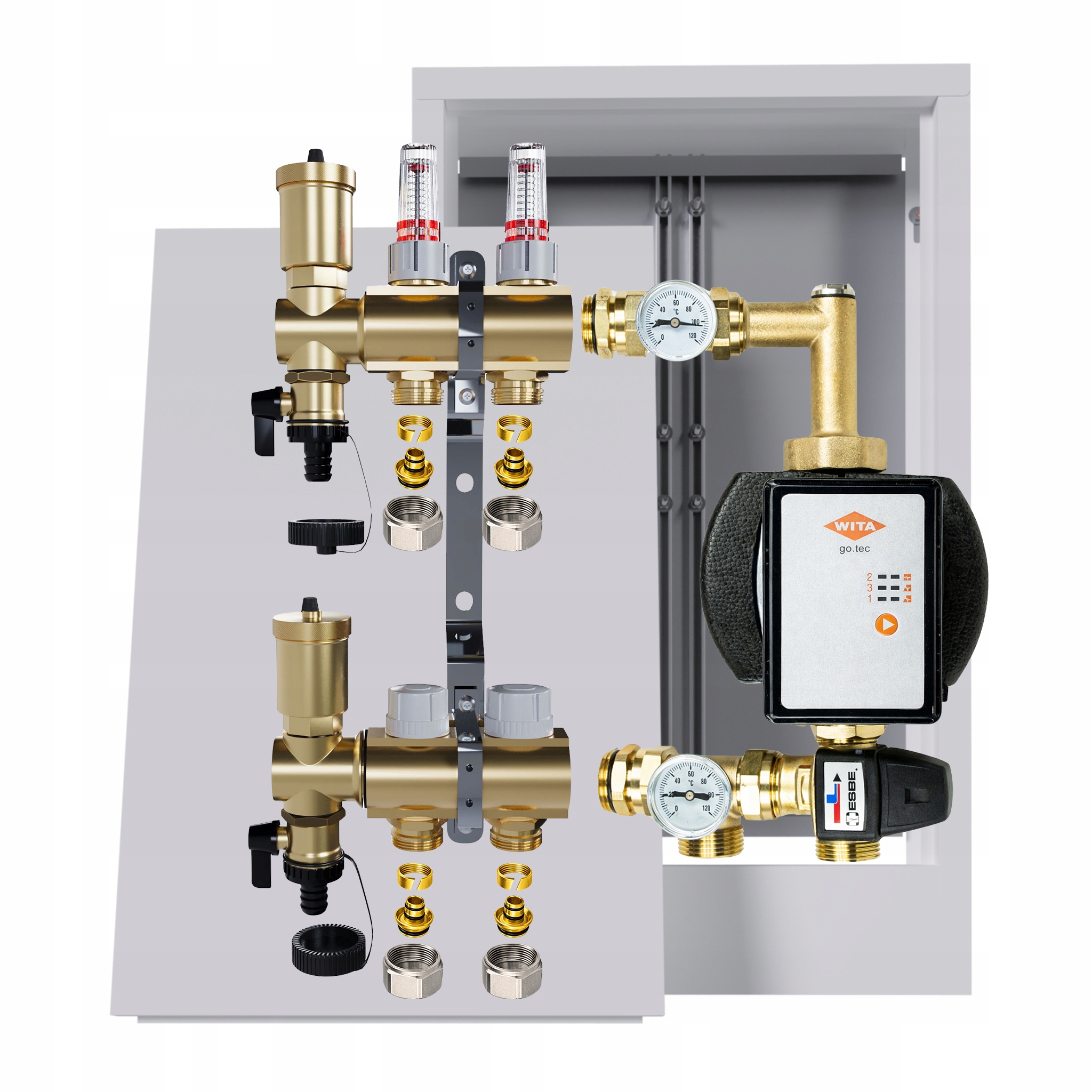 Rozdělovač pro podlahovku 2 okruhy Nástěnná skříňka Čerpadlo Wita Pex