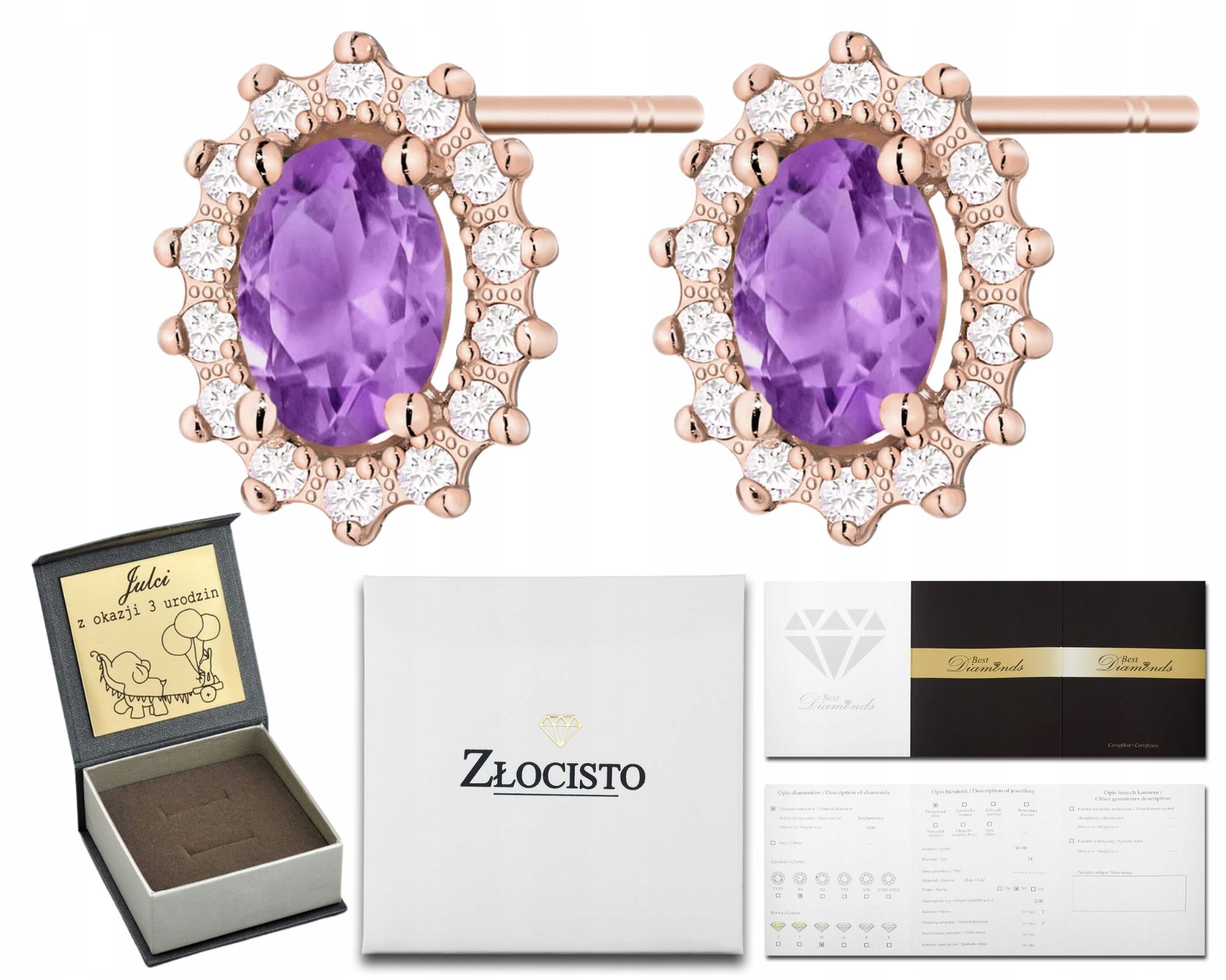 Růžové Zlato Náušnice Přírodní Kameny Ametysty Brilianty Na Tyči