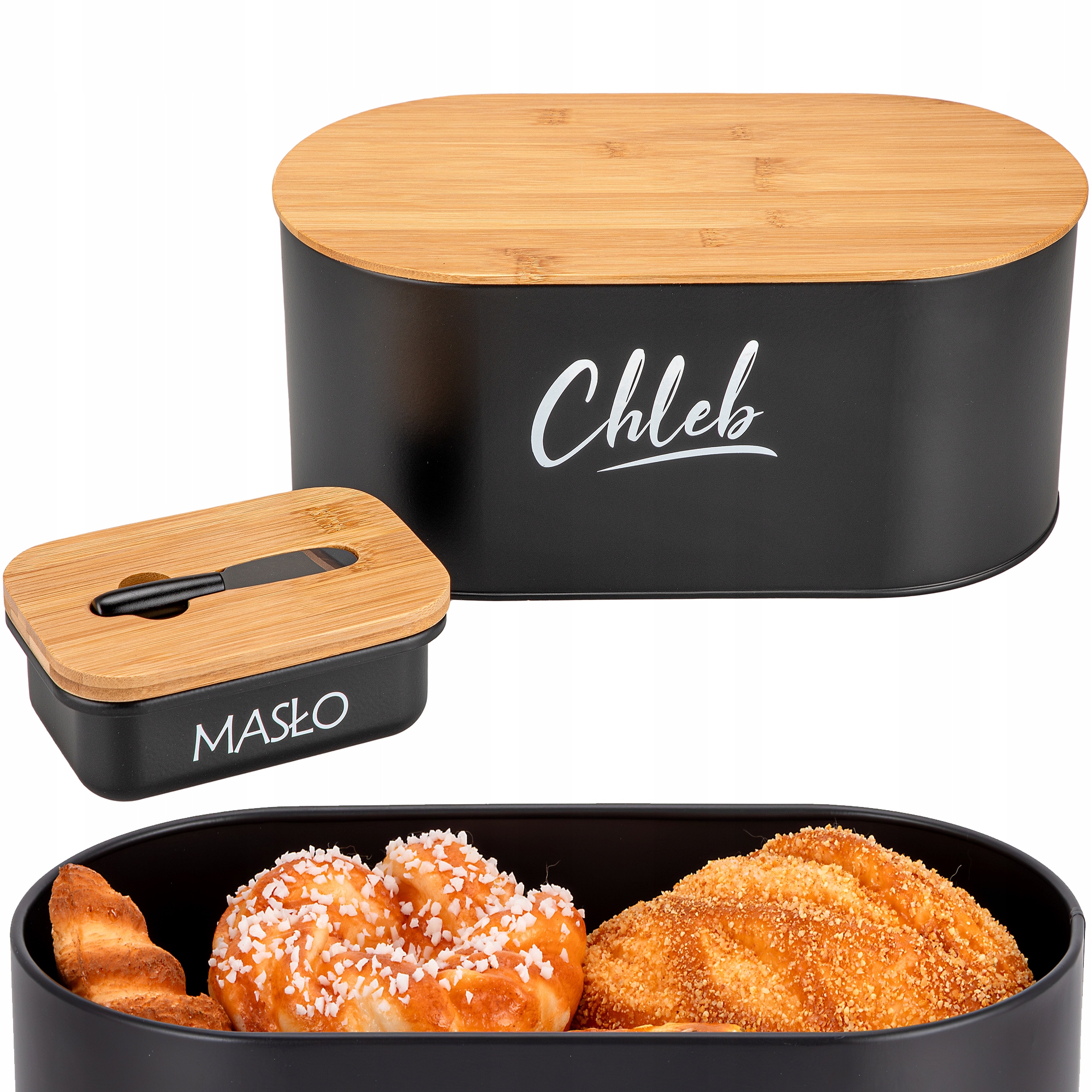 CHLEBAK METALOWY POJEMNIK NA CHLEB PIECZYWO + MASELNICZKA I NÓŻ DO MASŁA
