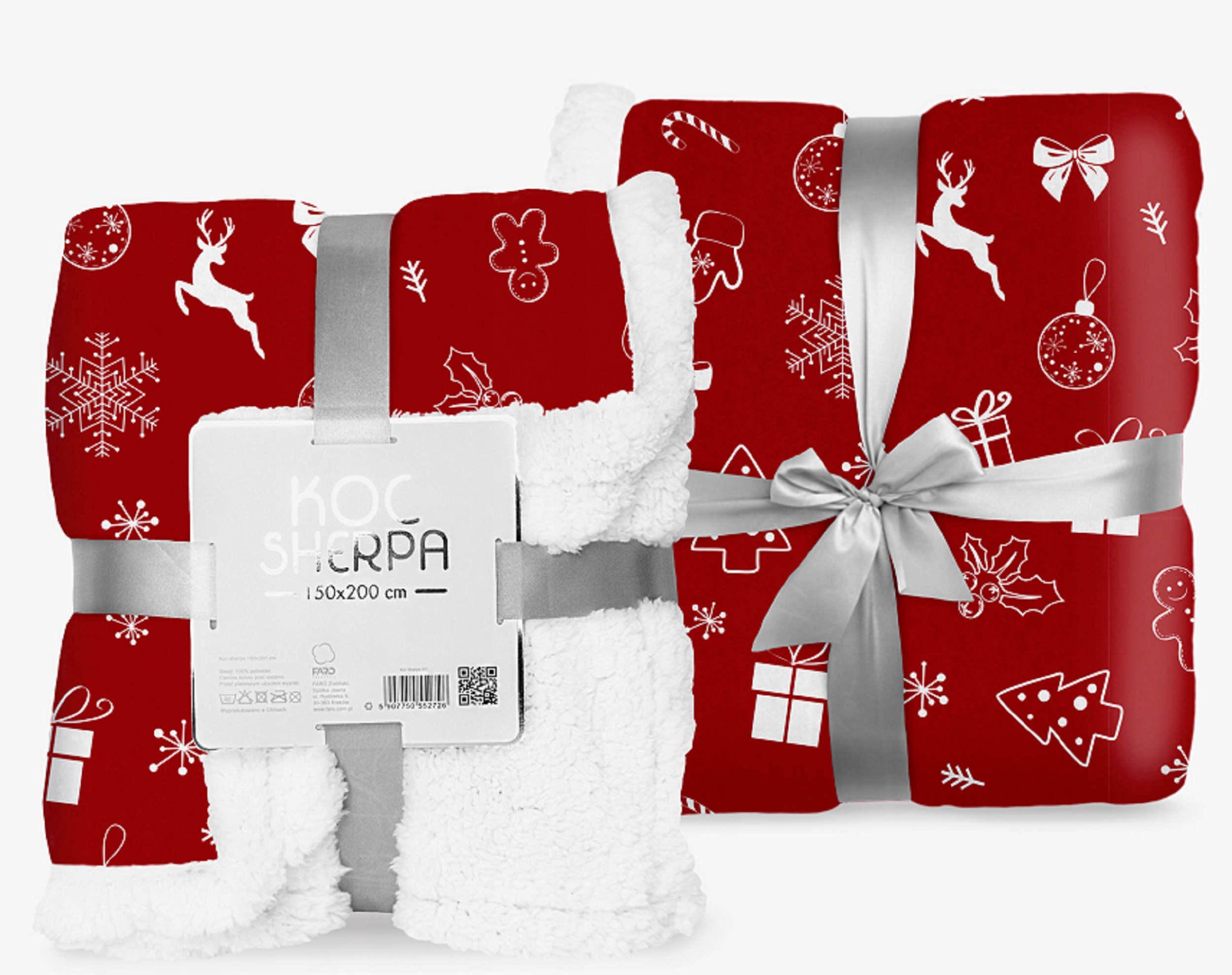 Vánoční deka 150x200 Sherpa červená, vánoční vzory