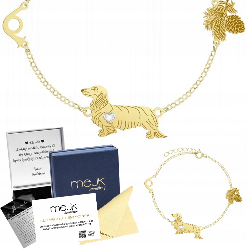 Zlatý náramek Jezevčík dlouhosrstý 925 Šperky Dárek Řetízek Gravírování