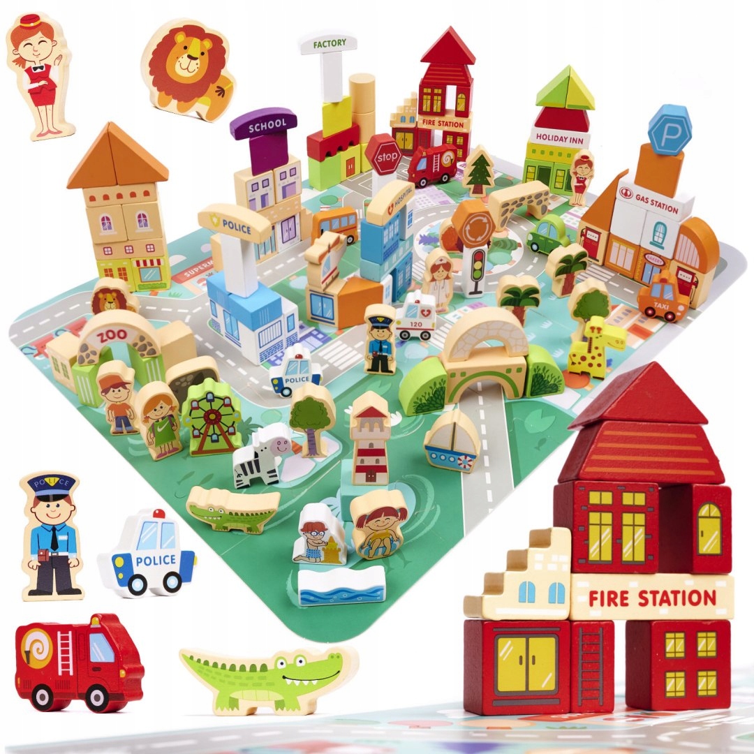 

Klocki drewniane edukacyjne miasto puzzle 120el.